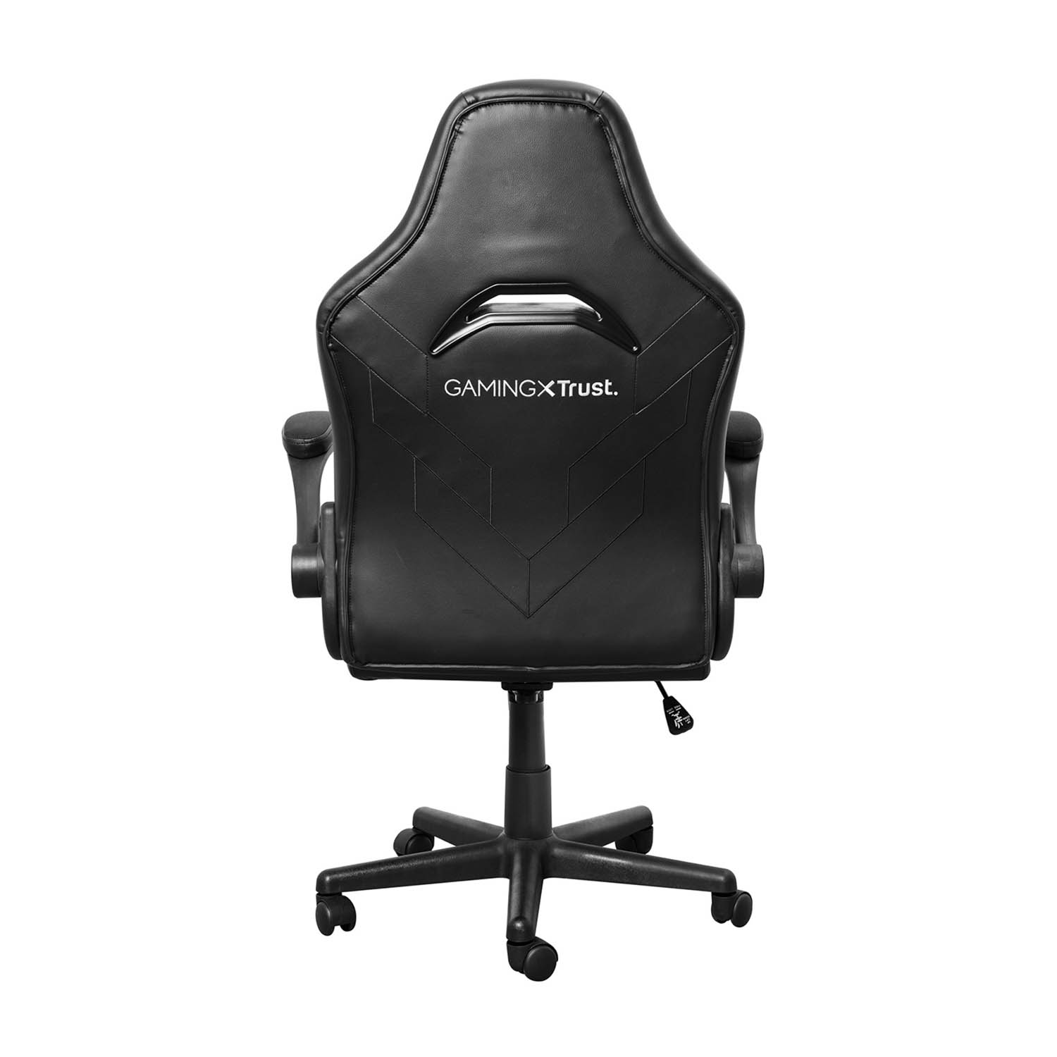 Sedia da gaming nera, vista posteriore. Lo schienale ha un motivo, il marchio è visibile.