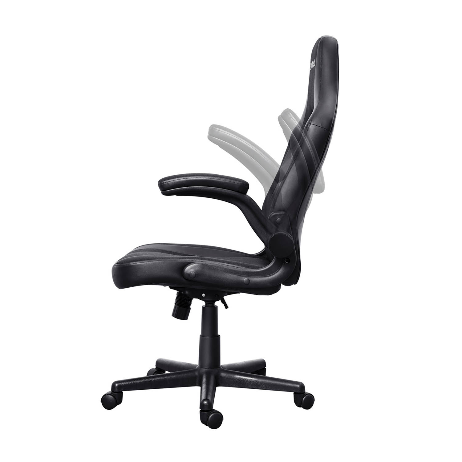 Sedia da gaming nera, vista laterale, con braccioli regolabili.