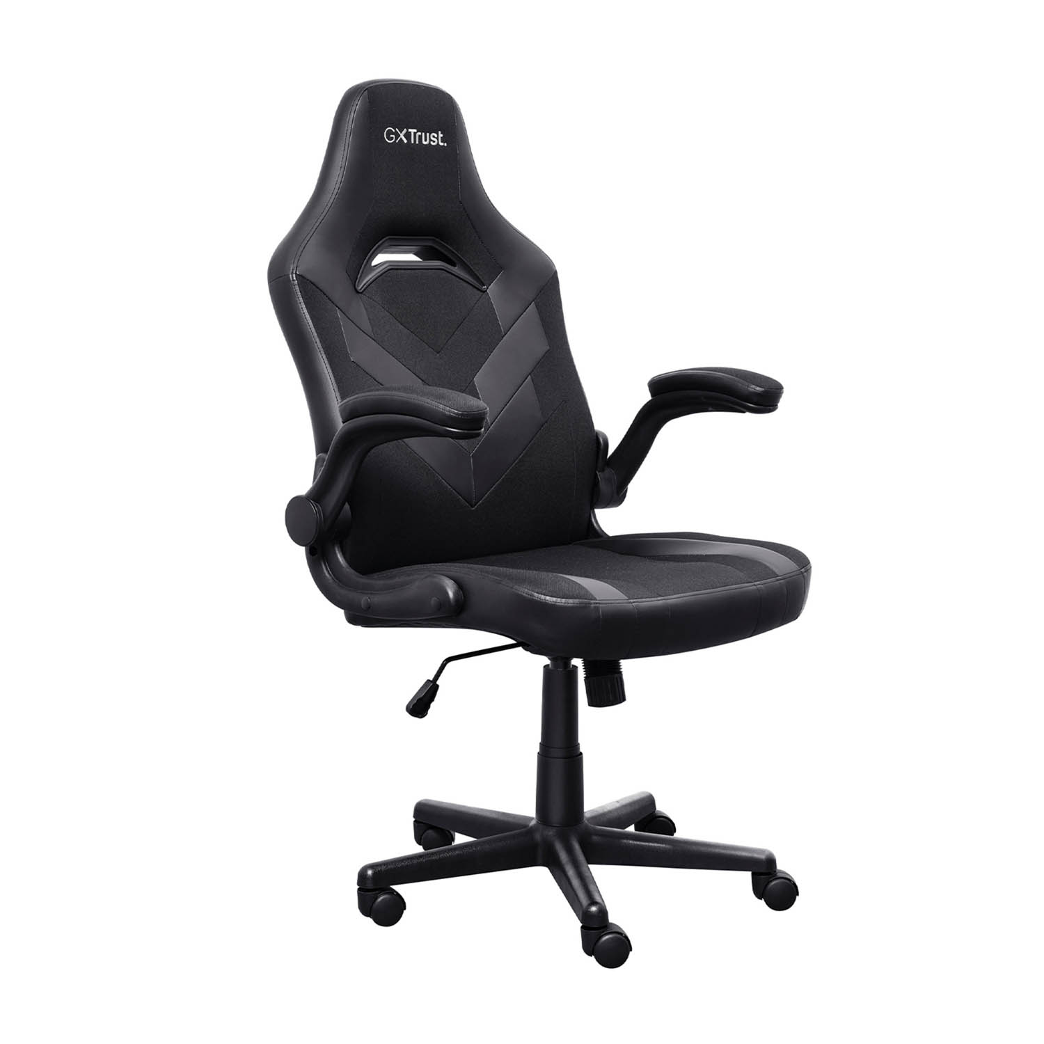 Una sedia da gaming nera con dettagli rossi. Ha braccioli e un poggiatesta con la scritta GXTrust.