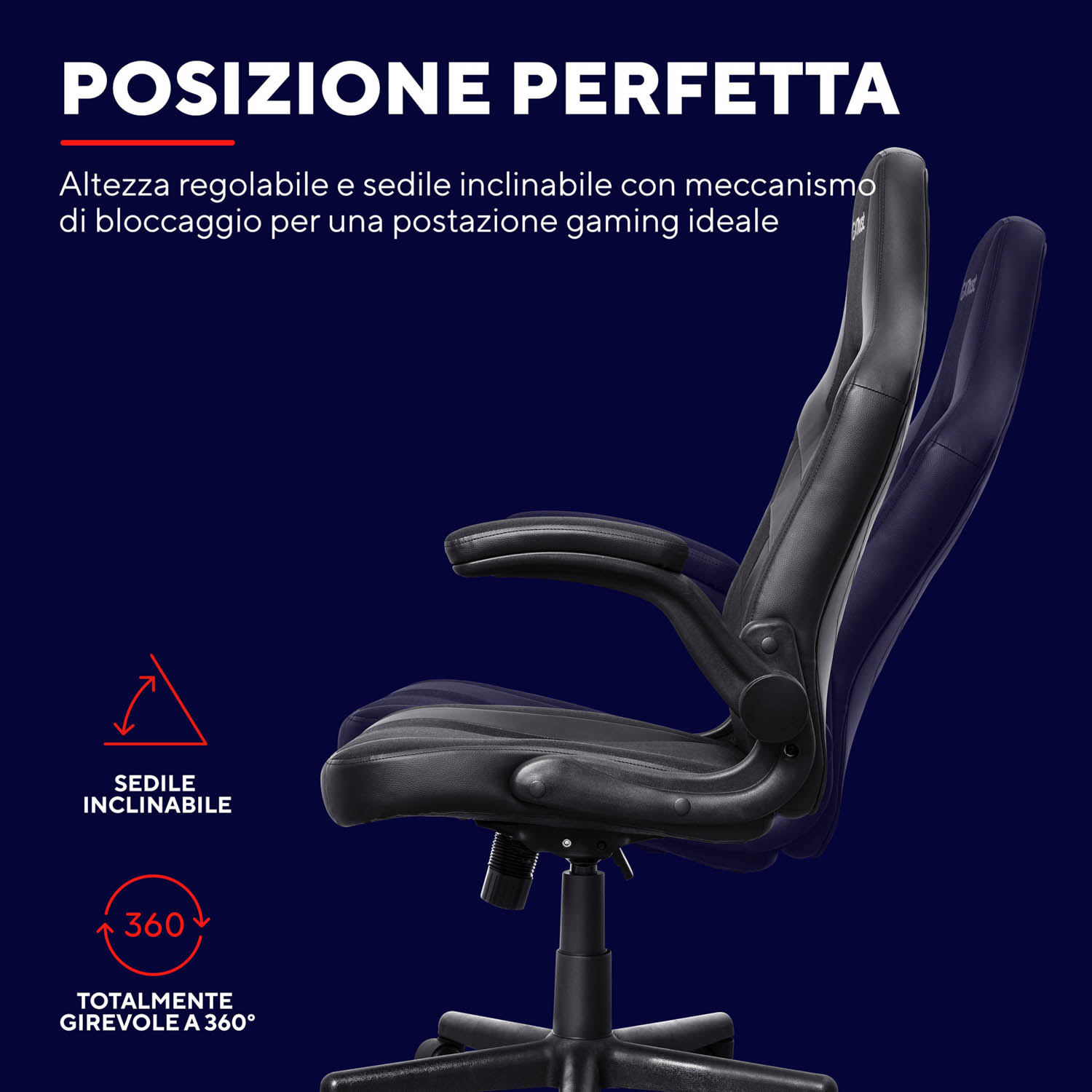 Una sedia da gioco nera con testo in italiano sulla postura perfetta e rotazione a 360 gradi.