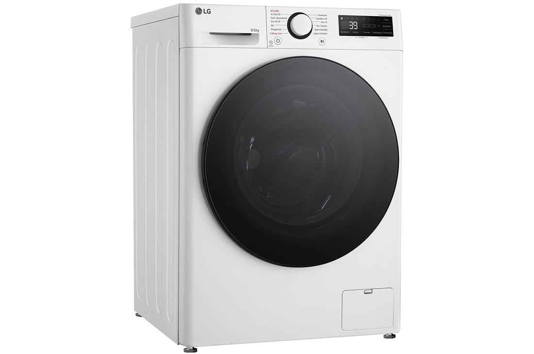 Eine weiße LG Waschmaschine aus der Perspektive, mit einer schwarzen Tür.