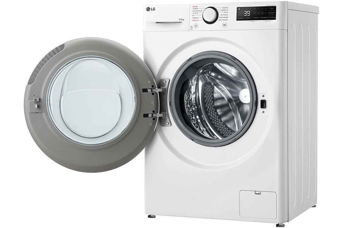 Weiße Waschmaschine mit offener Tür. Oben befindet sich ein Digitaldisplay.