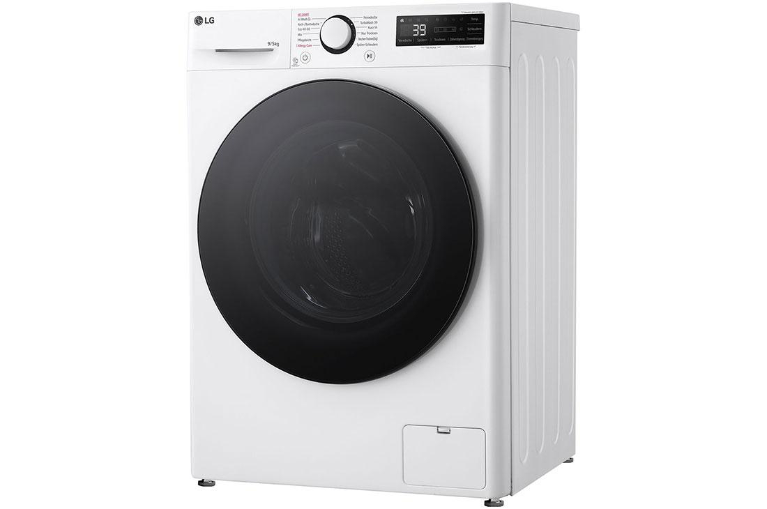 Eine weiße LG Waschmaschine auf weißem Hintergrund.
