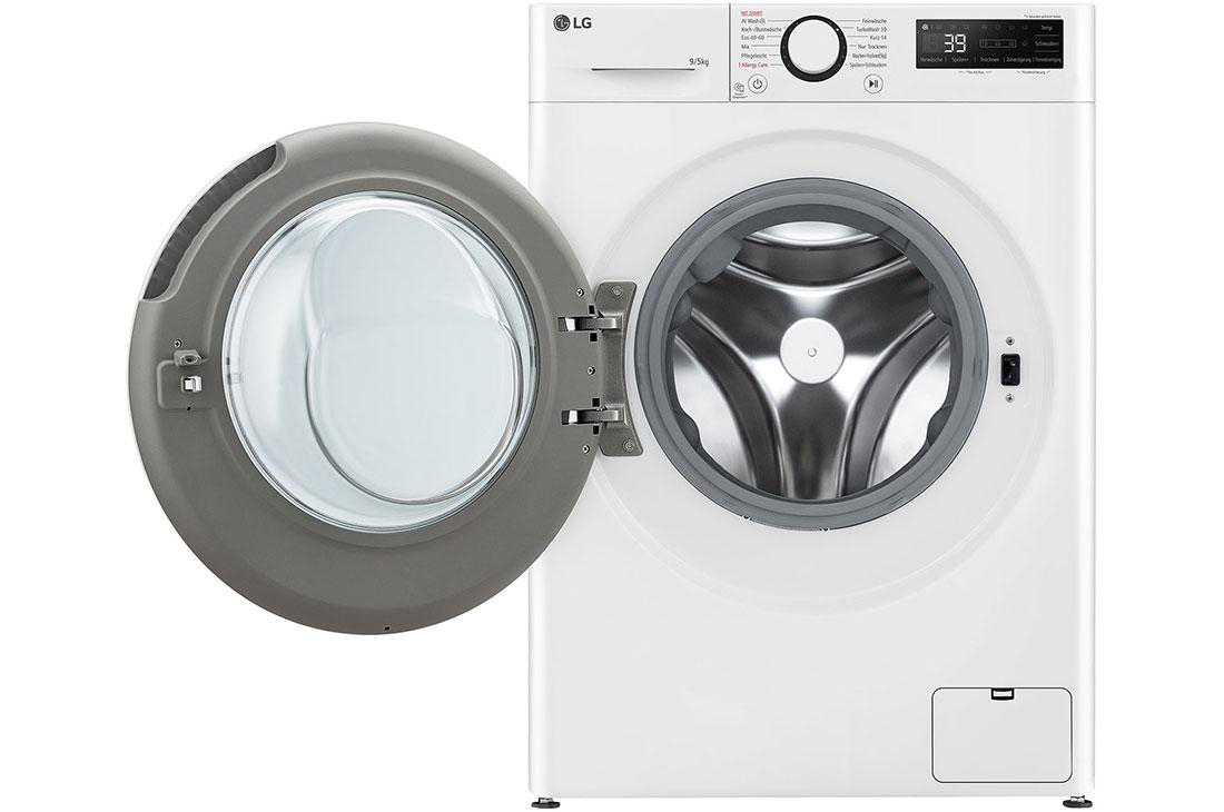 Weiße LG Waschmaschine, Tür offen, Trommel sichtbar.