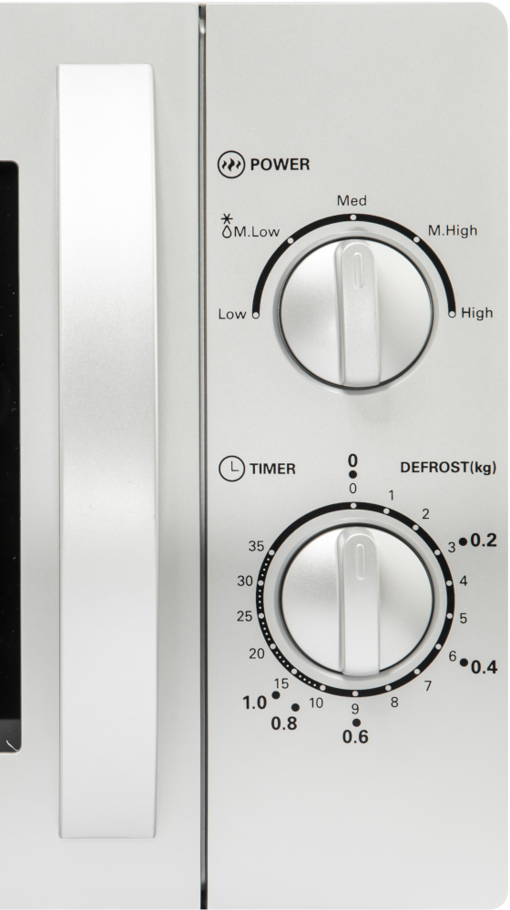 Close-up of a microwave control panel with dials and buttons.