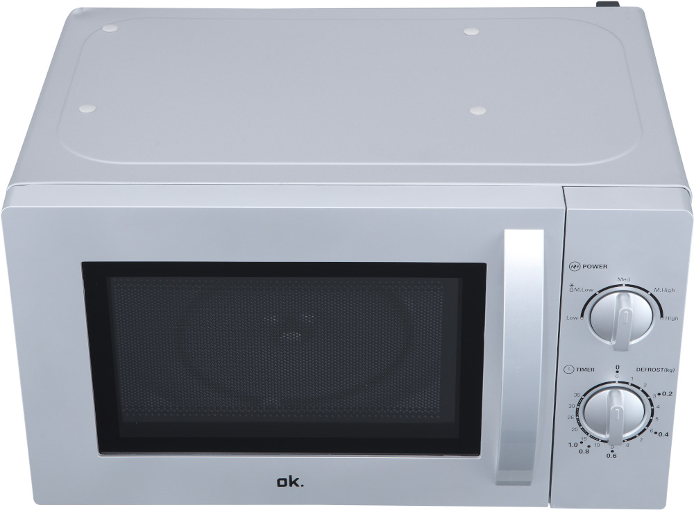 White microwave oven with a handle and control panel. Top view.