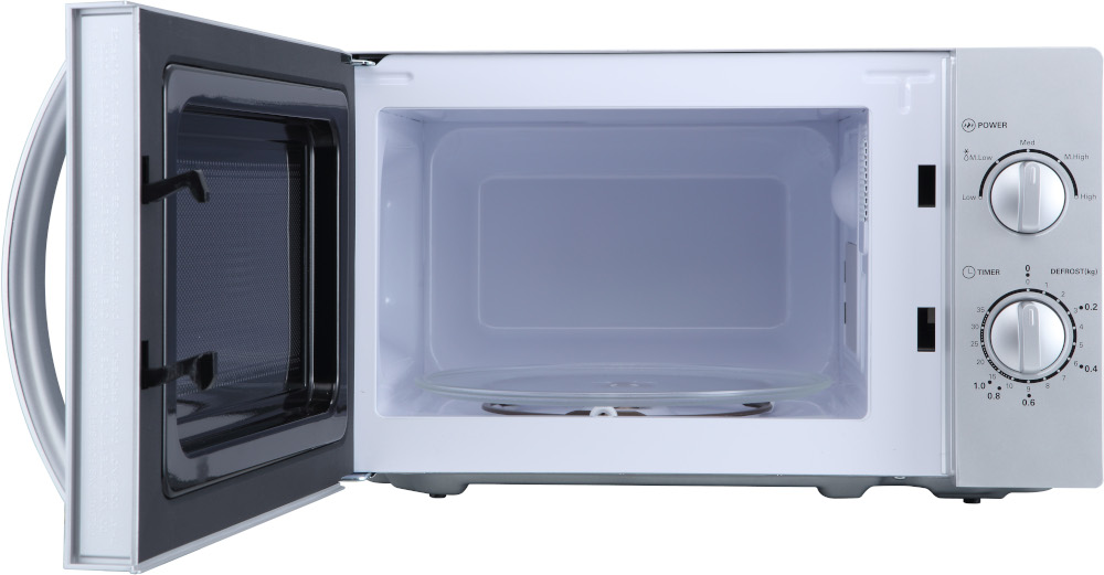 Open microwave oven with glass plate inside. The door is open. Controls are on the right.
