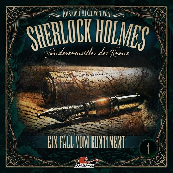 Albumcover mit Stift auf Schriftrolle. Text: Sherlock Holmes, Sonderermittler der Krone.