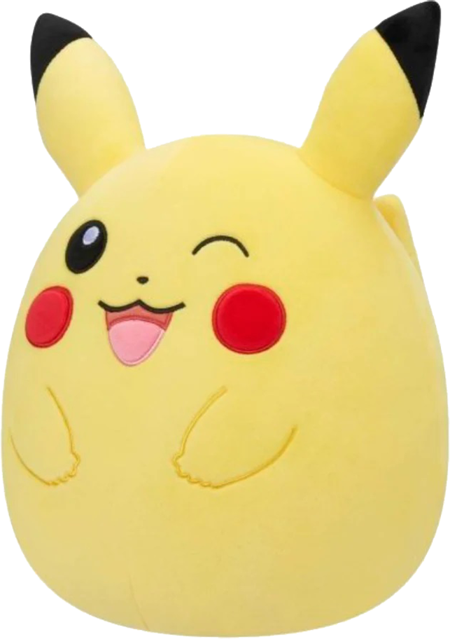 Ein gelbes Pikachu-Plüschtier zwinkert. Der Hintergrund ist weiß.