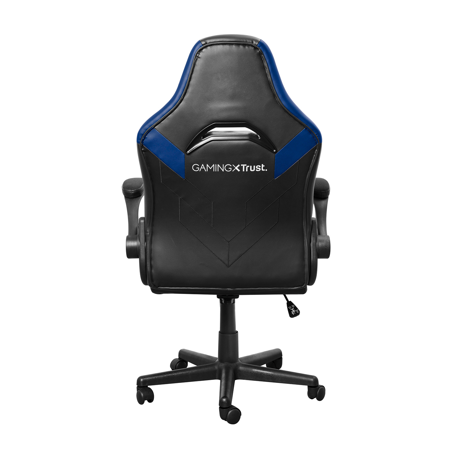 Vista posteriore di una sedia da gaming nera e blu. Il logo Gaming X Trust è visibile.