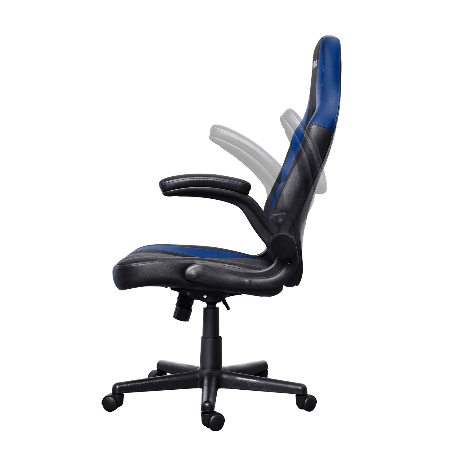 Sedia da gaming, nera e blu. Vista laterale con braccioli regolabili.