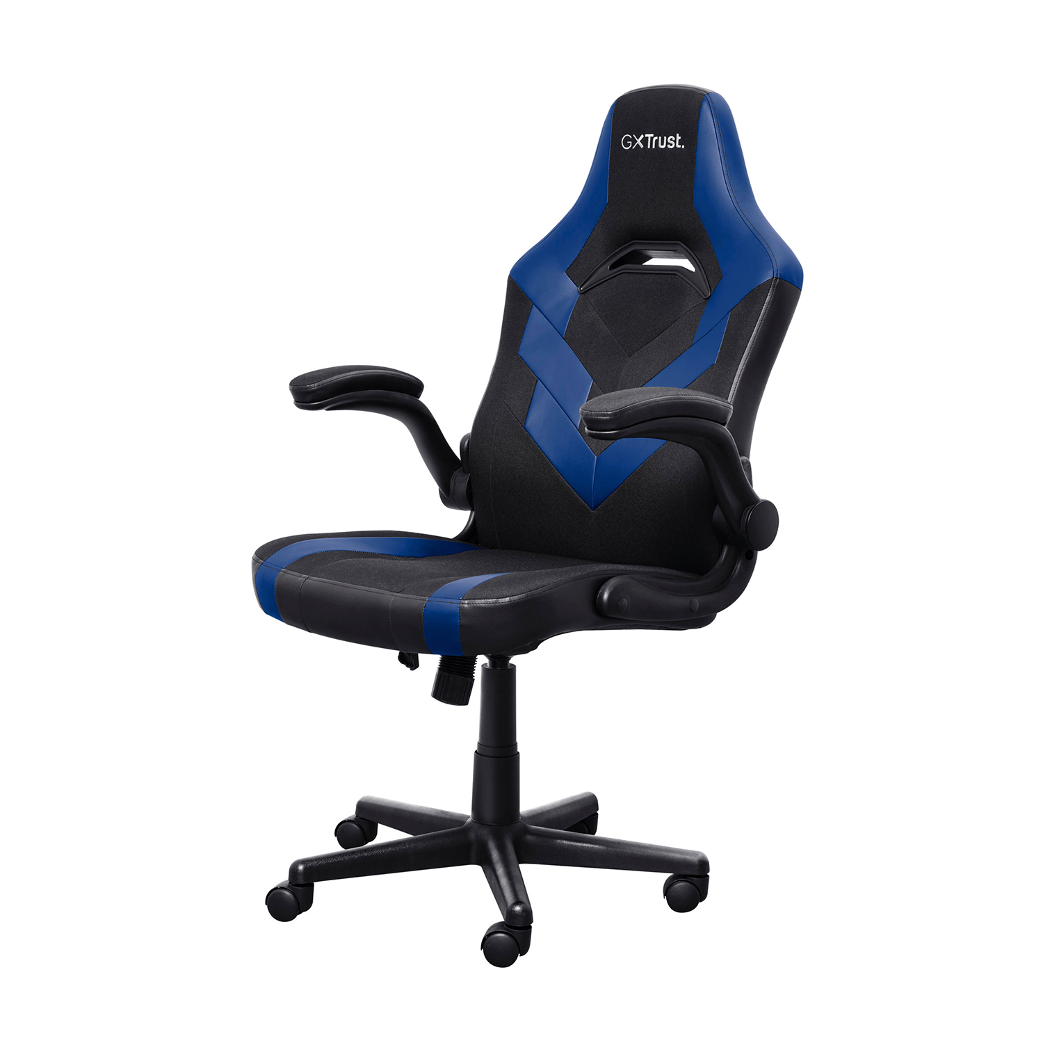 Sedia da gaming nera e blu. Ha braccioli e base a cinque ruote.