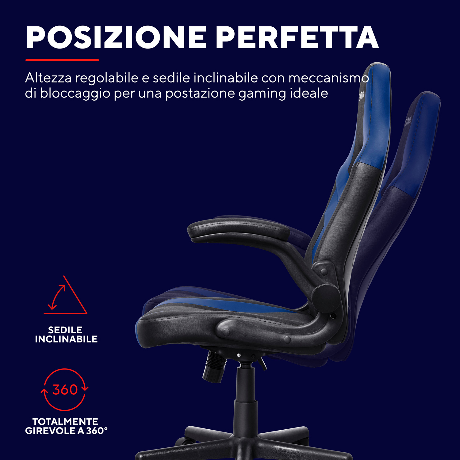 Una sedia da gioco blu e nera reclinata, che dimostra le sue caratteristiche regolabili.