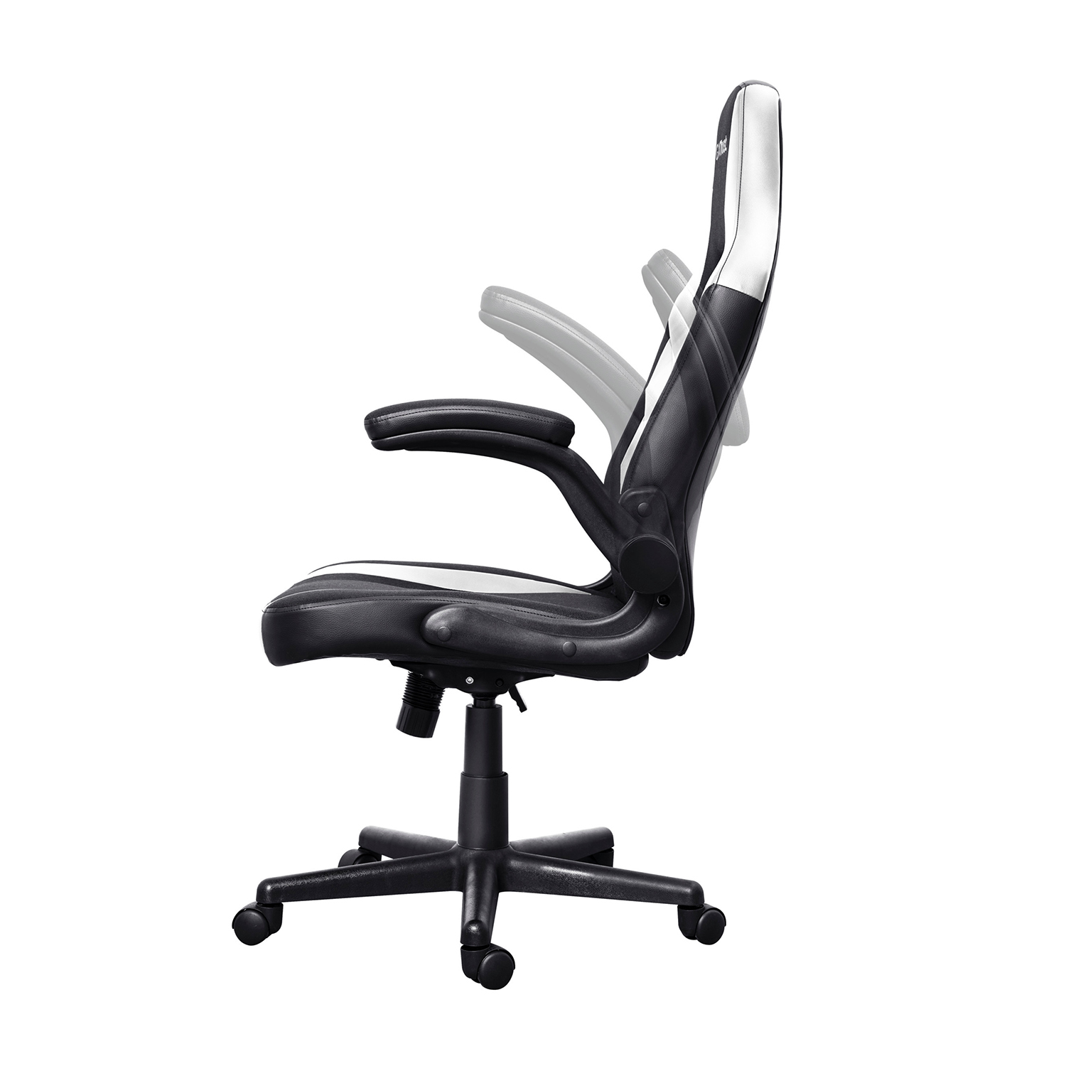 Sedia da gaming bianca e nera, vista laterale, con braccioli regolabili.