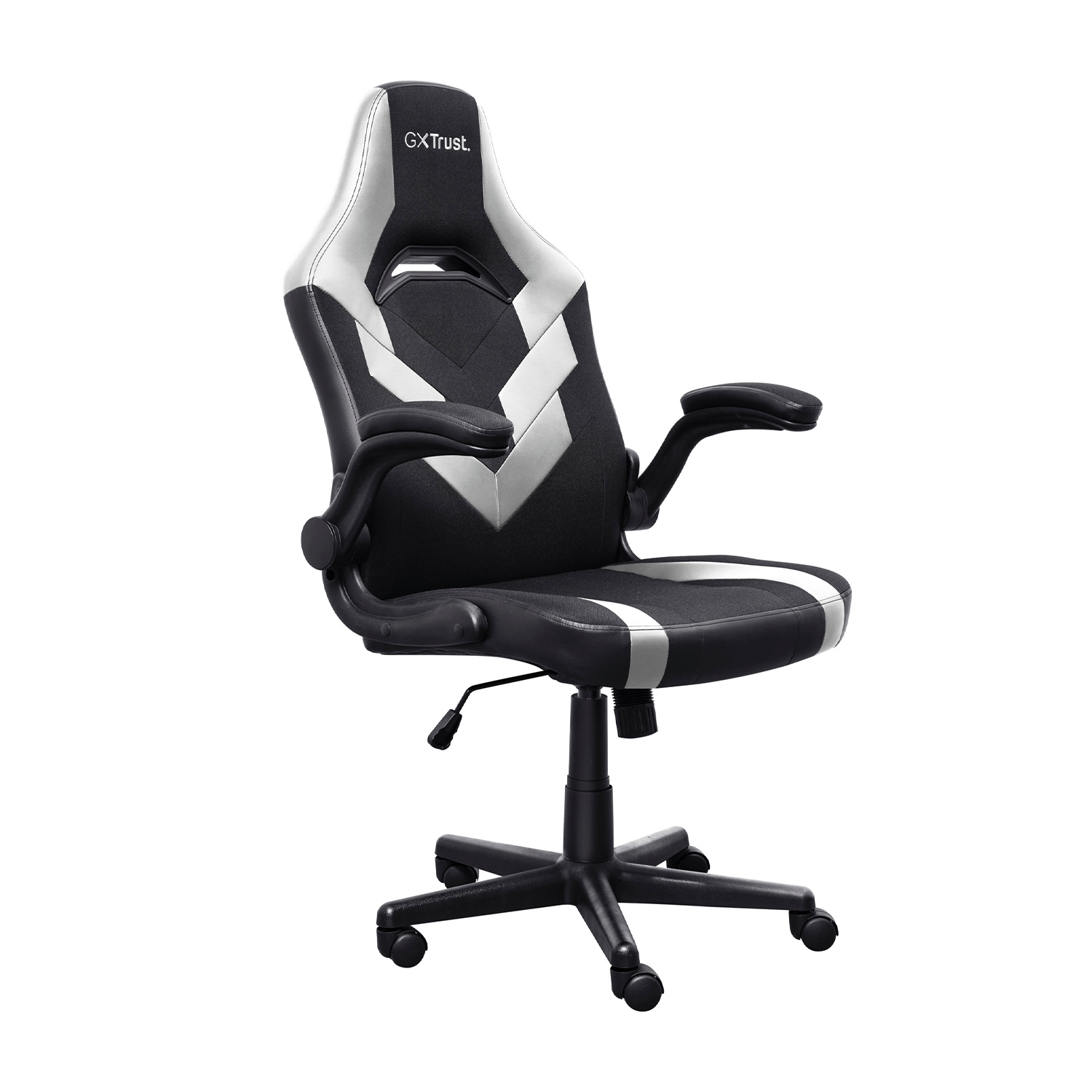 Sedia da gaming con design nero, bianco e grigio. Ha braccioli e poggiatesta.