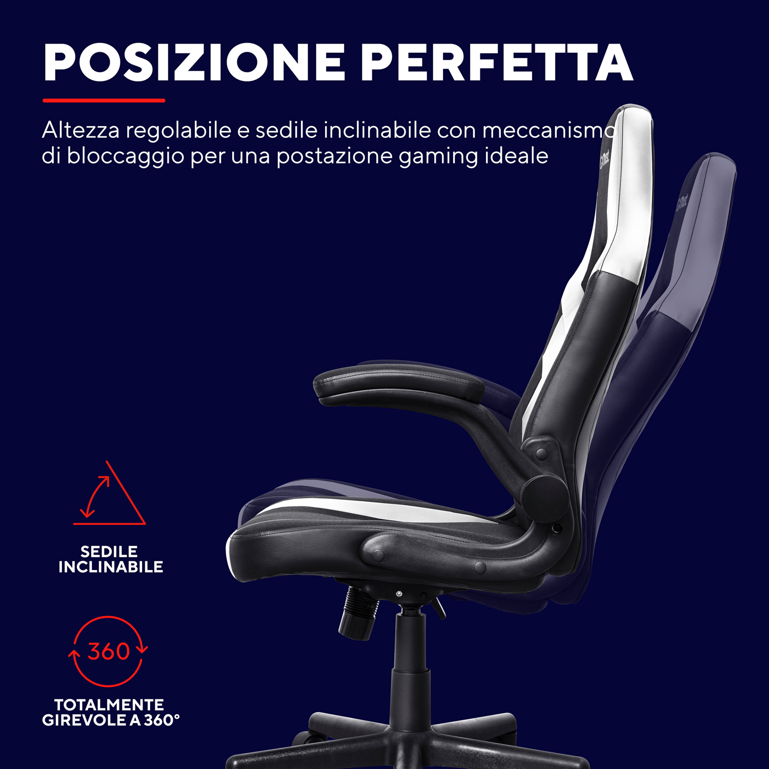 Sedia gaming con altezza e inclinazione regolabili, con testo su posizionamento perfetto.