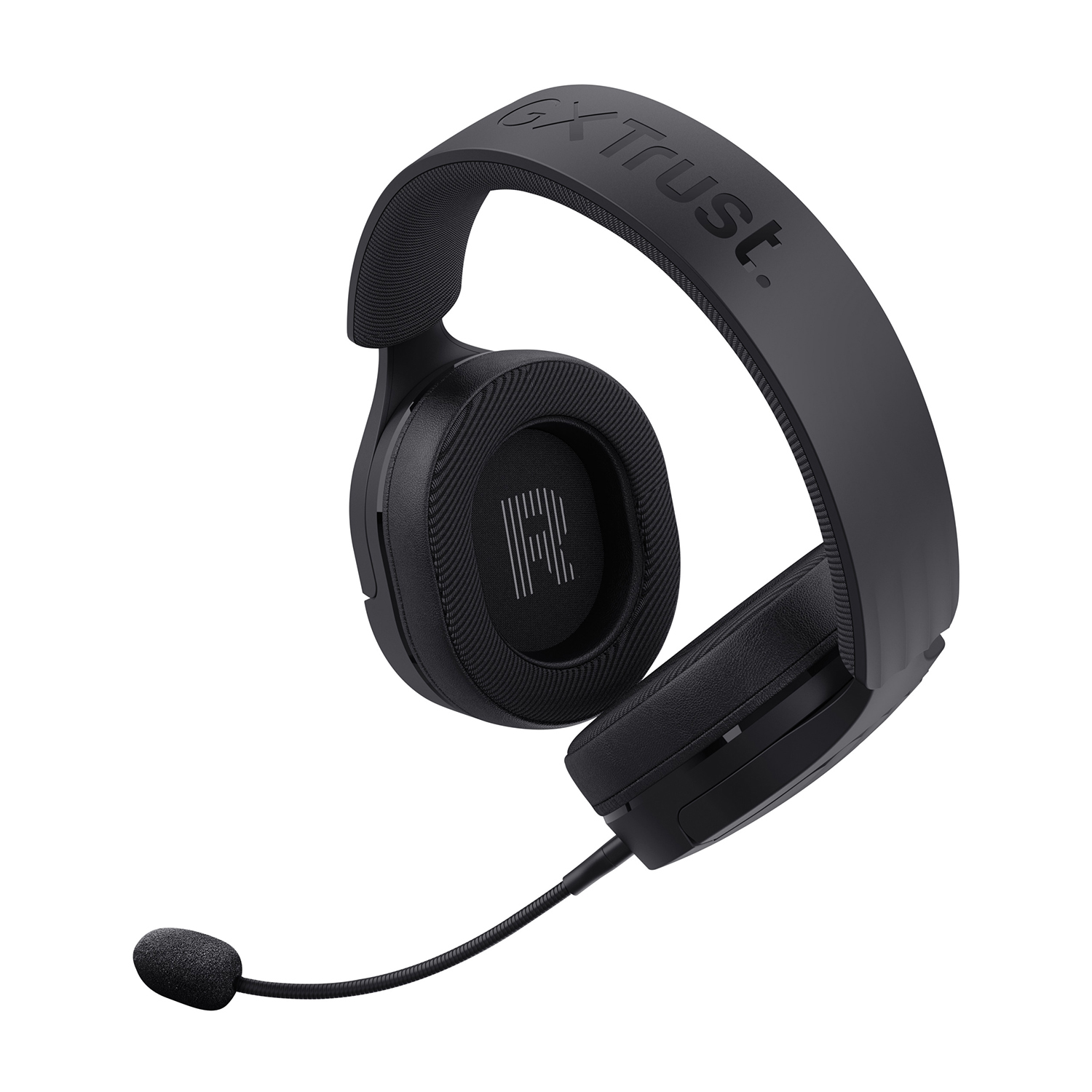Cuffie da gioco Trust nere con microfono. Le cuffie hanno il logo Trust e sono angolate.