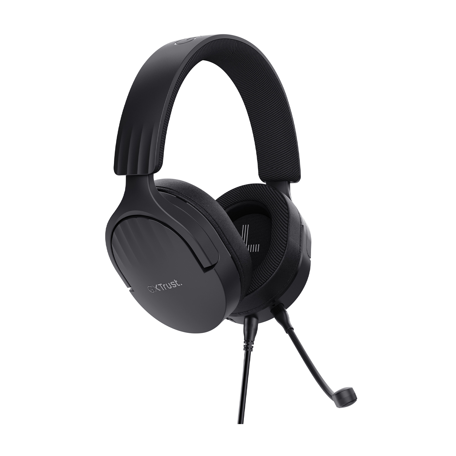 Cuffie da gaming nere con microfono. Isolate su sfondo bianco.