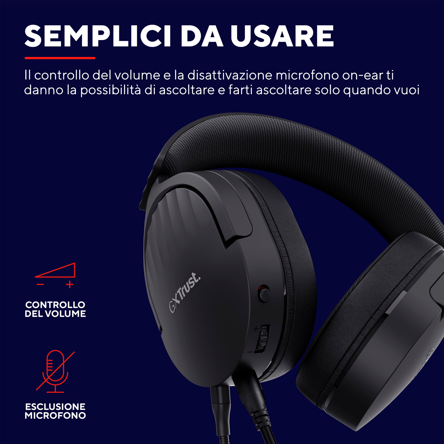 Cuffie nere con controllo del volume e un'icona di disattivazione del microfono.
