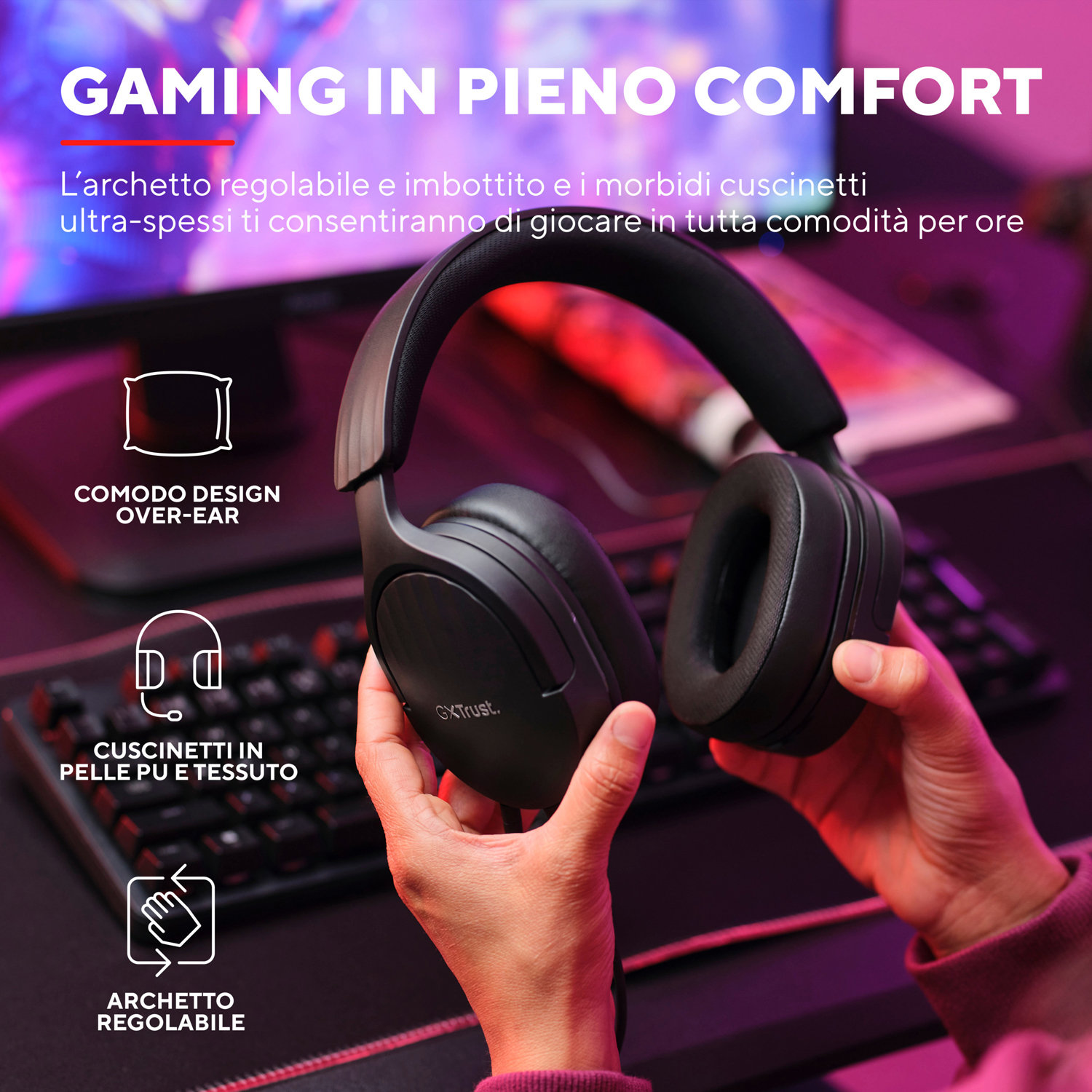 Cuffie over-ear nere tenute in mano, con testo sul comfort.