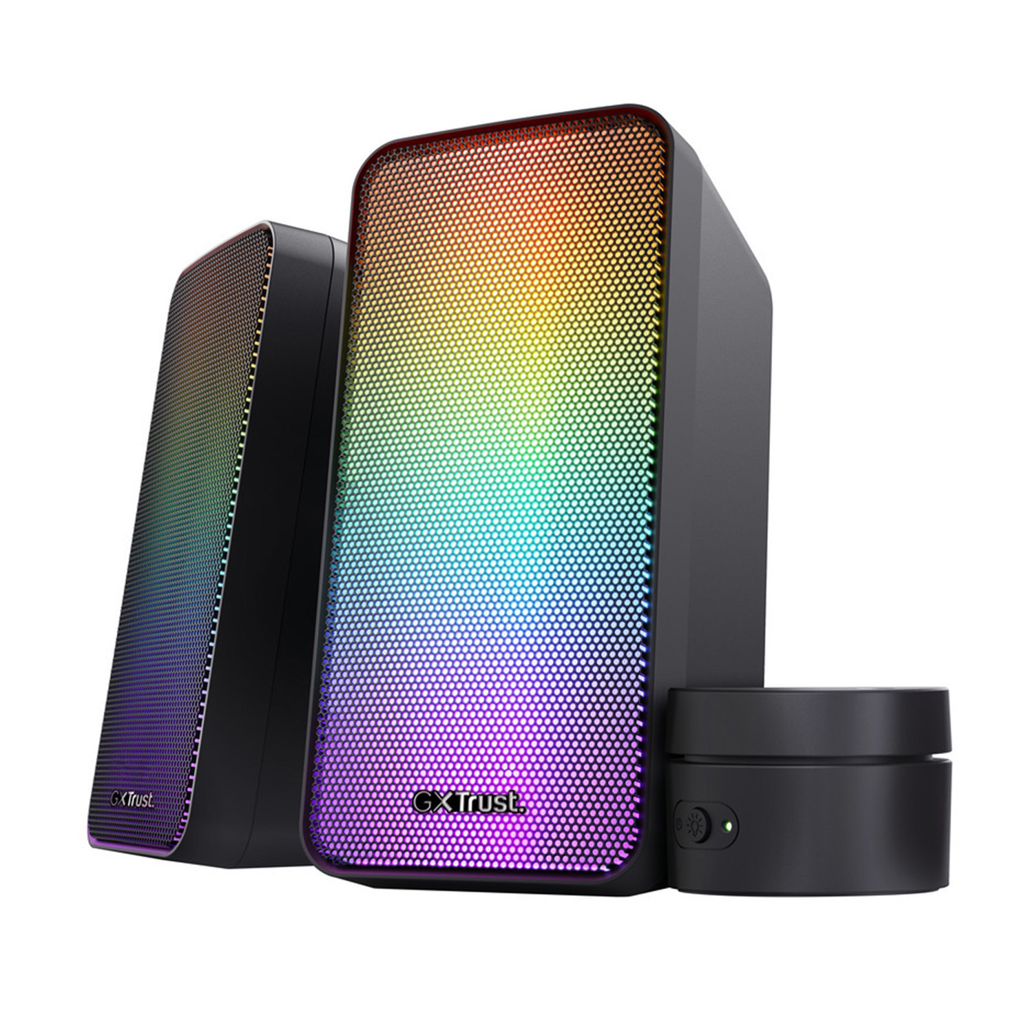 Due altoparlanti neri con un piccolo subwoofer mostrano un arcobaleno di luci.