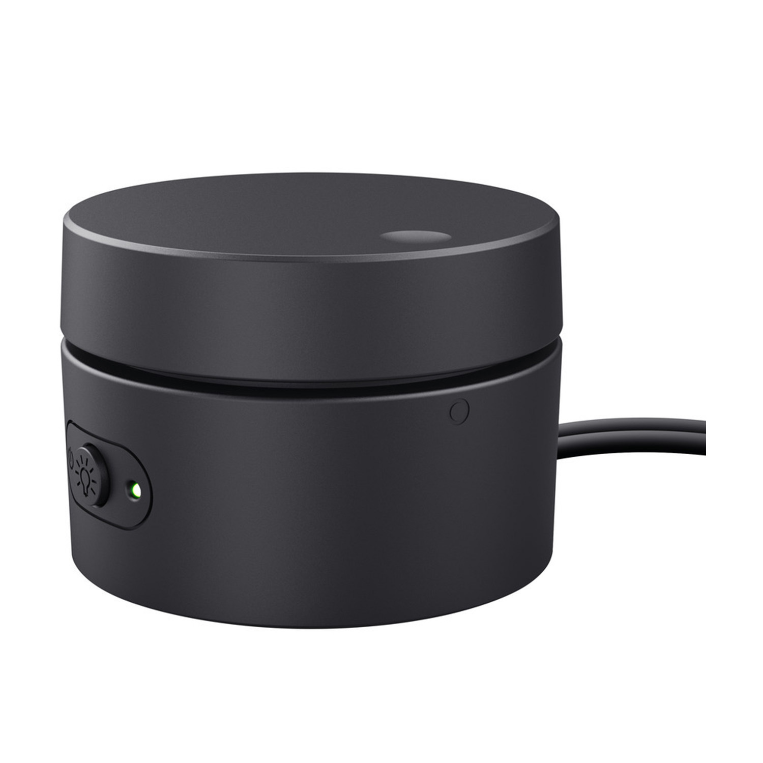Dispositivo nero. Circolare, con un interruttore e una piccola luce verde. Cavo di alimentazione collegato.