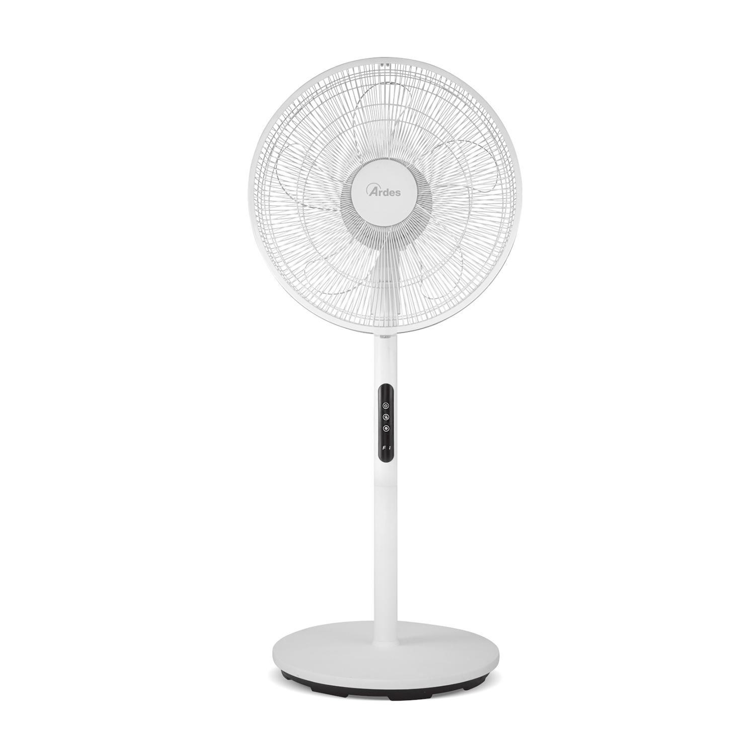 Ventilatore a piantana bianco con testa circolare. Base rotonda e pannello comandi.