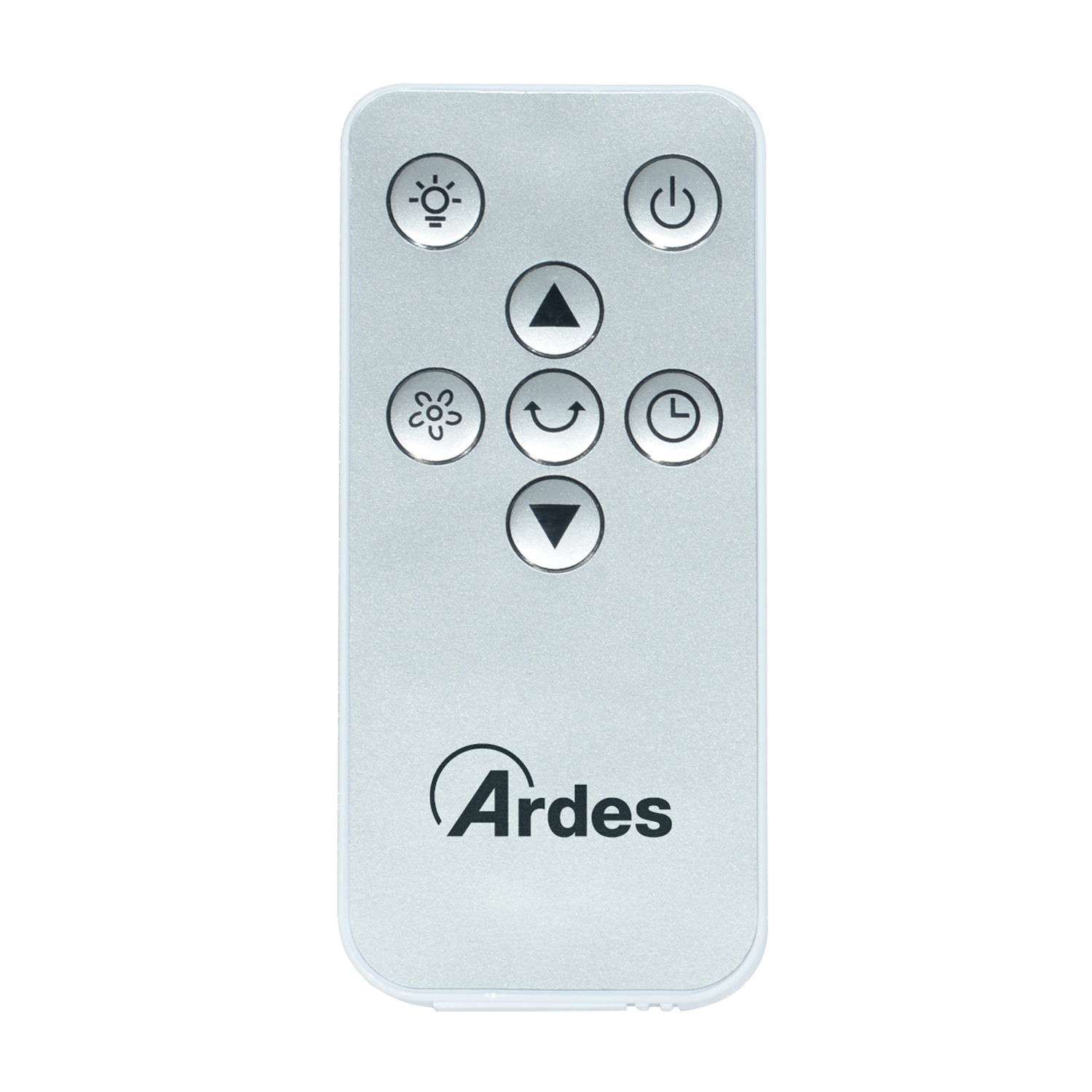 Un telecomando argentato con diversi pulsanti e il logo Ardes. È su sfondo bianco.