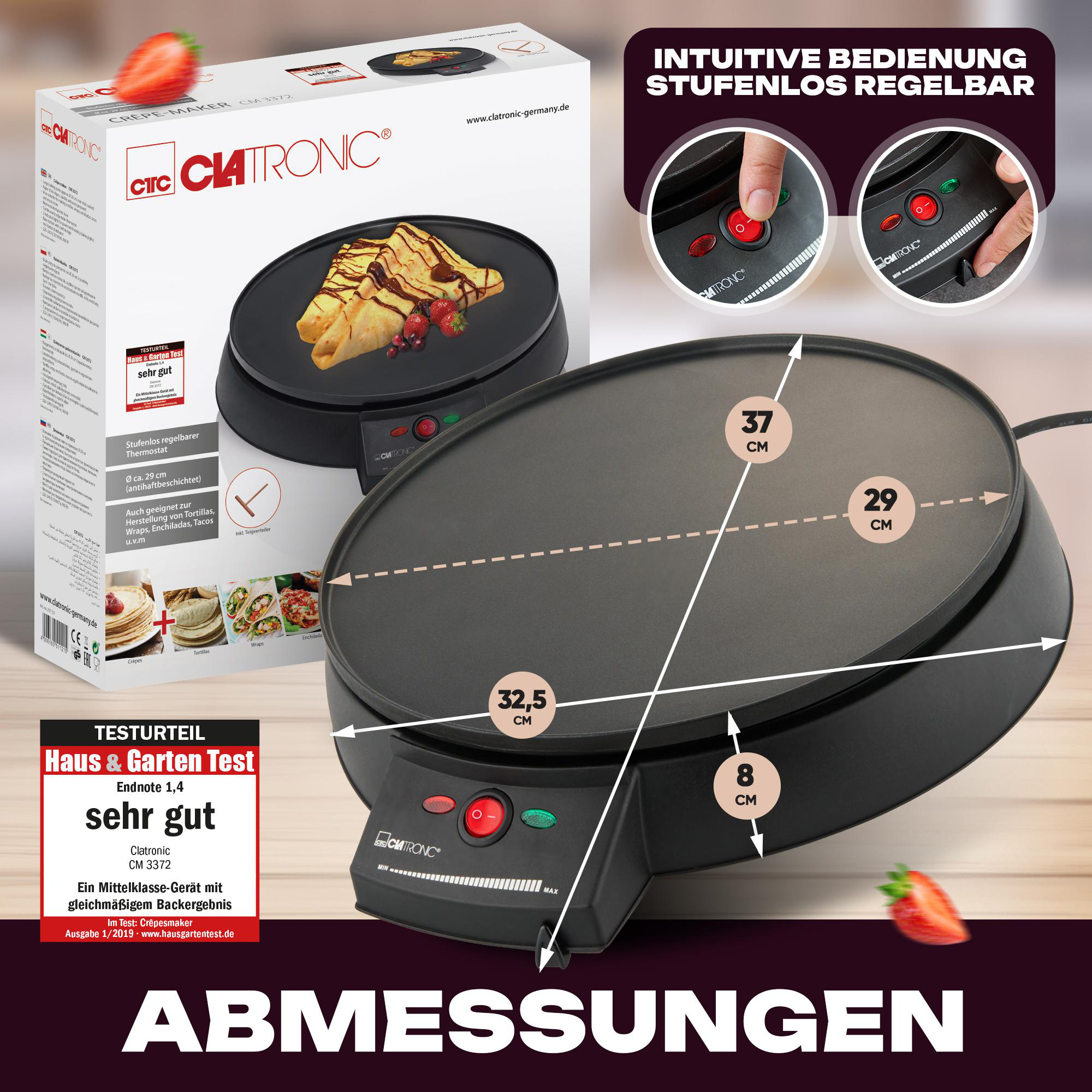 Crêpes-Maker mit Maßen und Text. Erdbeeren rechts.