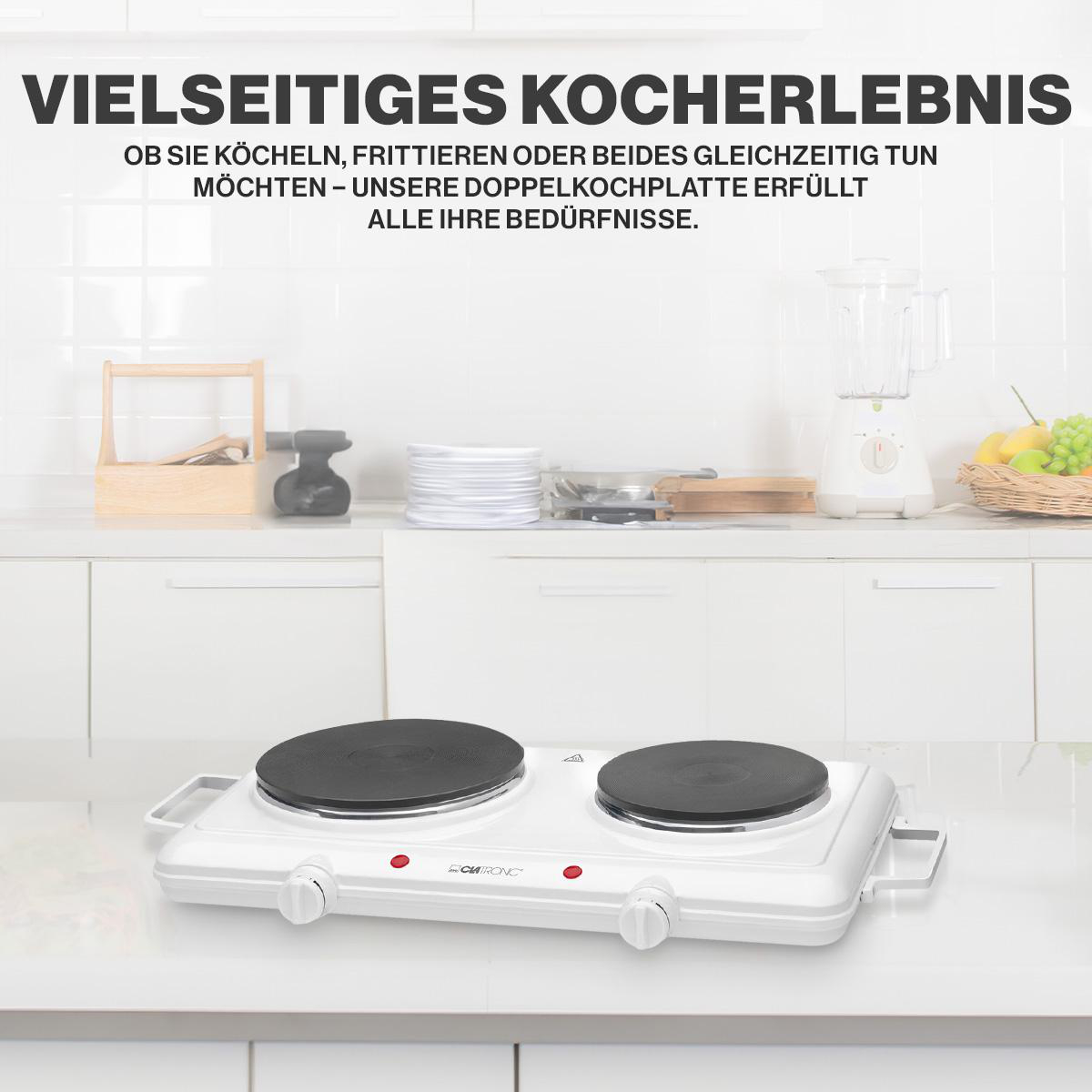Ein Doppelkochfeld mit Knöpfen und einem Mixer dahinter, mit Text.