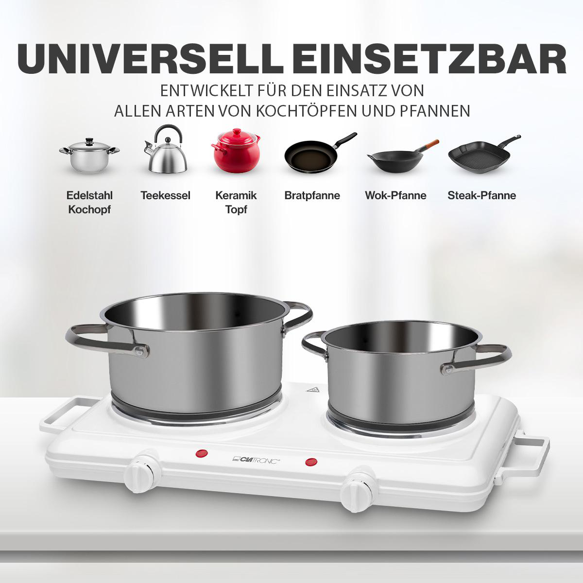 Werbung zeigt verschiedene Töpfe auf einem weißen Herd.