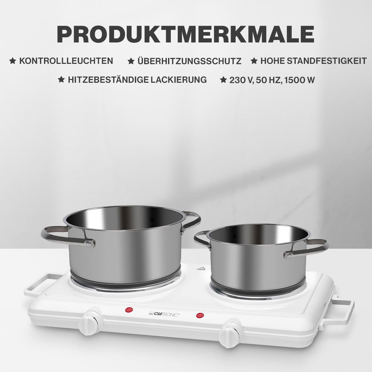 Zwei Töpfe auf einer weißen Doppelkochplatte. Text: PRODUKTMERKMALE. Merkmale sind aufgelistet.