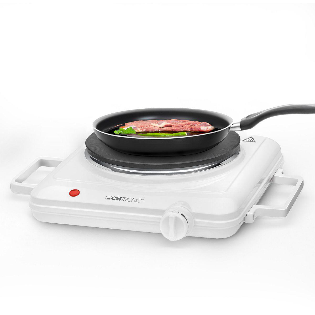 Weißer Elektroherd mit schwarzer Pfanne und Essen darauf.