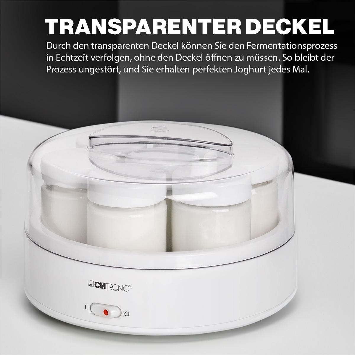 Weißer Joghurtbereiter mit transparentem Deckel und Gläsern darin.