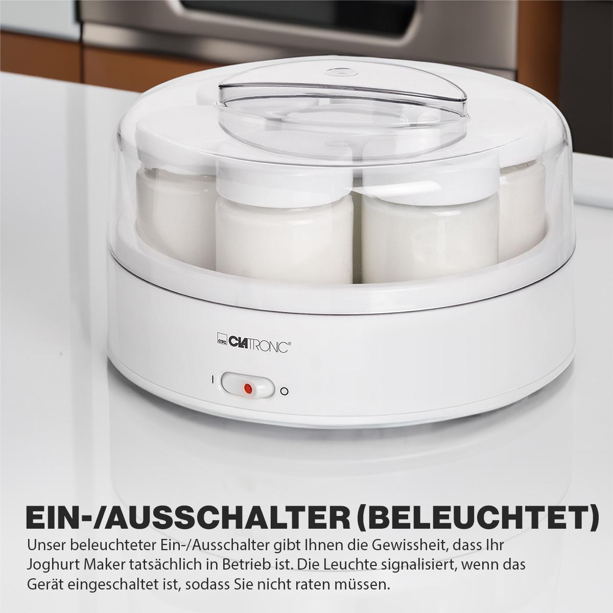 Weißer Joghurtbereiter mit Gläsern. Roter Einschaltknopf leuchtet vorne.