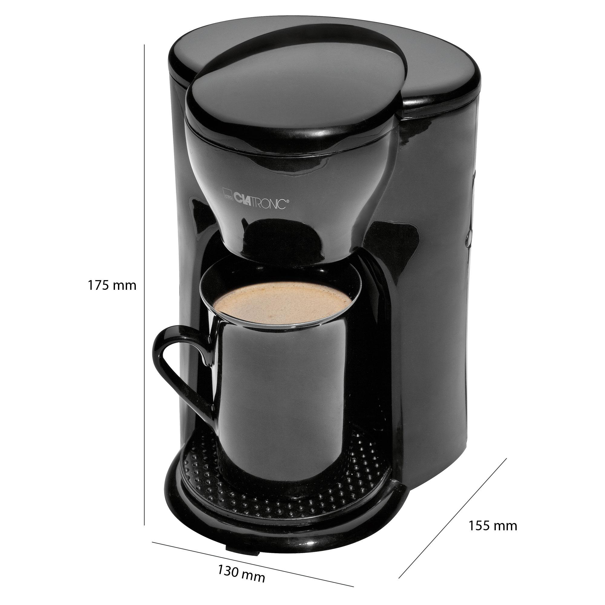 Schwarzer Kaffeeautomat mit Becher. Abmessungen sind sichtbar.