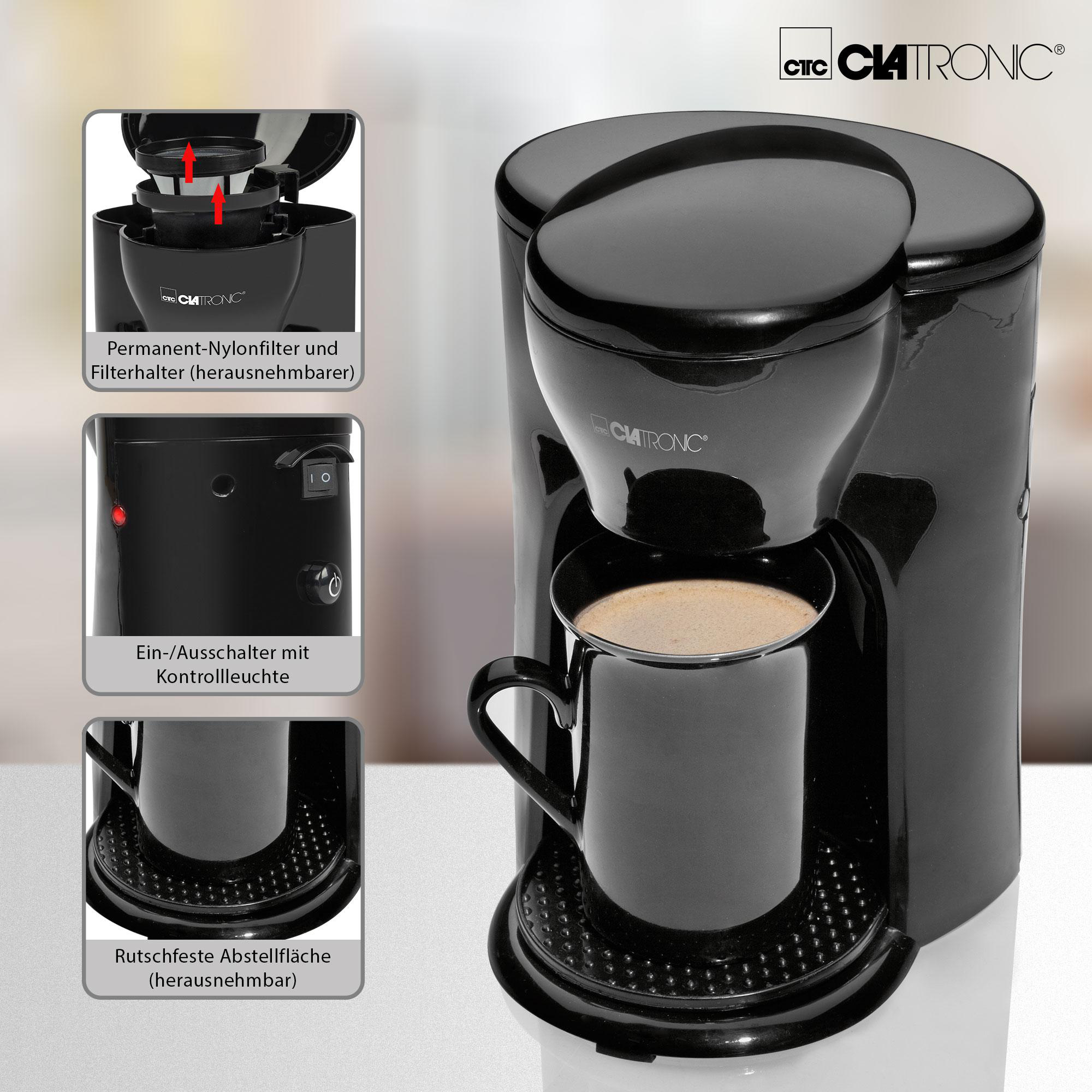 Schwarze Clatronic Kaffeemaschine mit Tasse. Drei inset Bilder zeigen Teile und Bedienung.