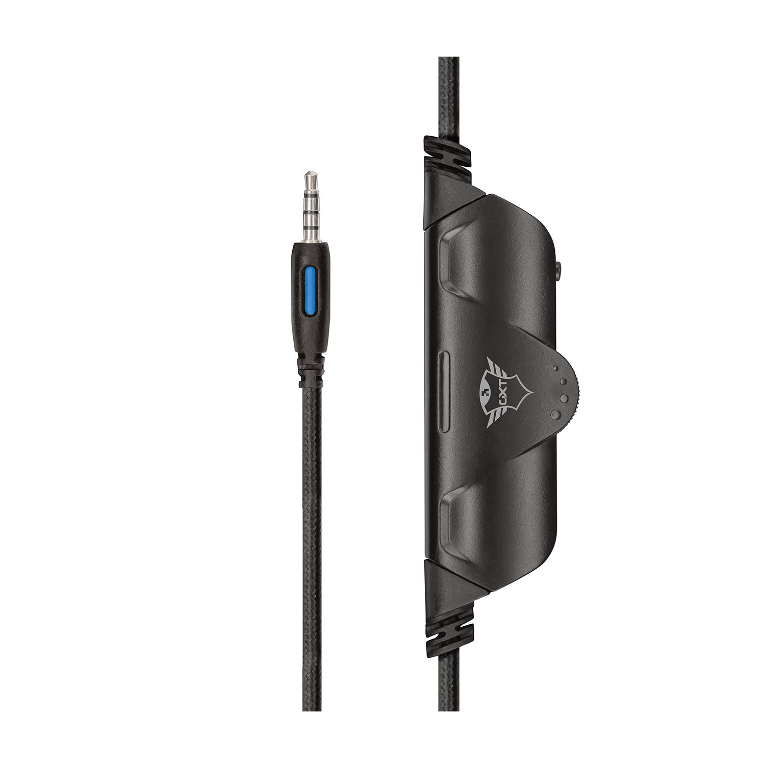 Cavo audio nero e blu con un modulo di controllo e un jack da 3,5 mm. Sfondo bianco.