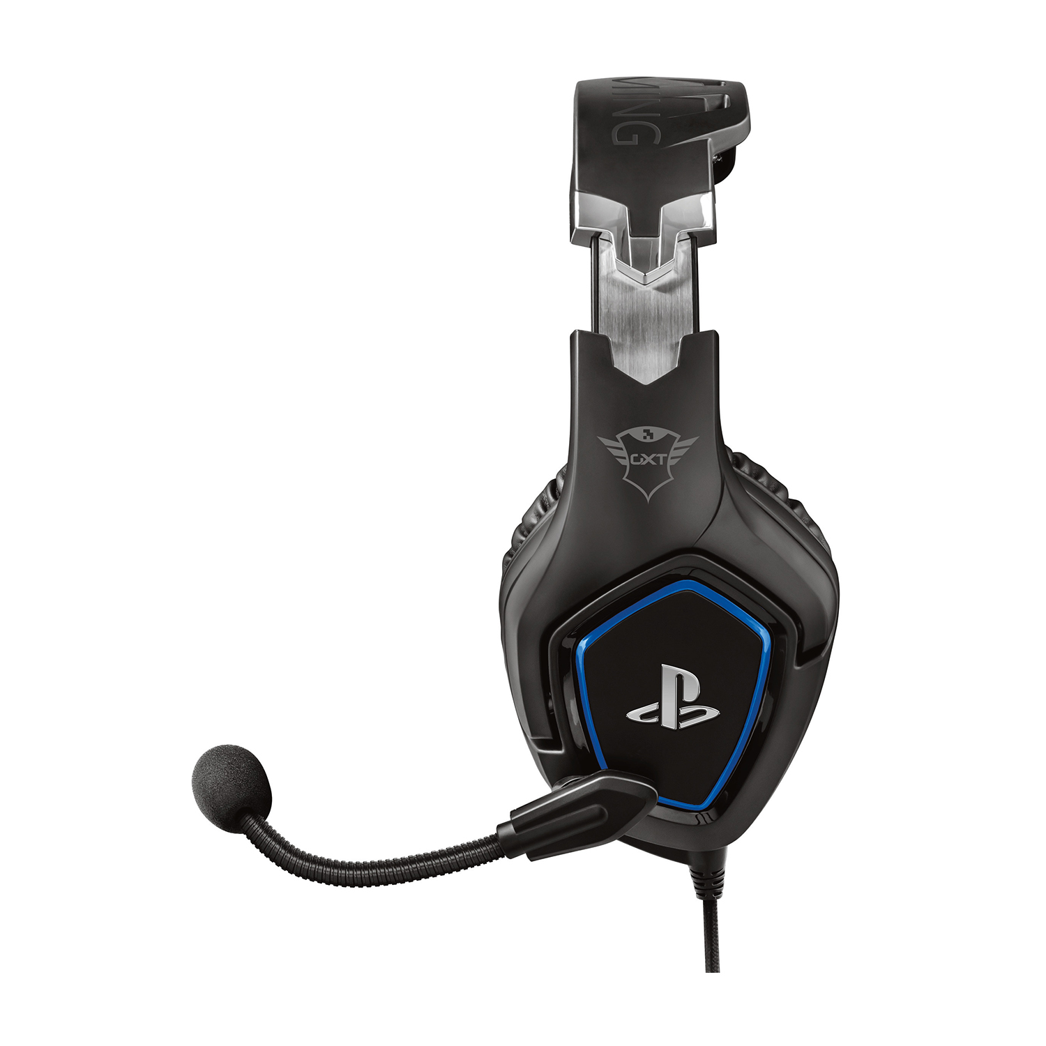 Cuffie da gaming nere con microfono. Dettagli blu e logo PlayStation. Sfondo bianco.
