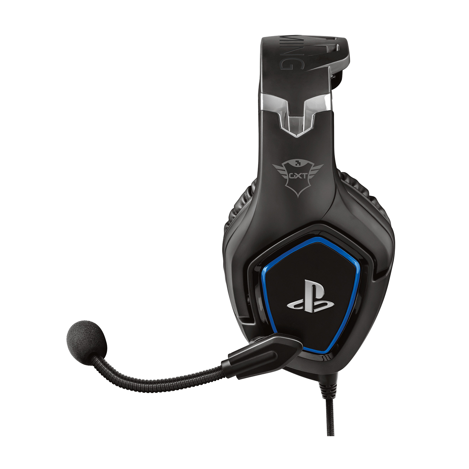Cuffie da gioco nere con microfono, dettagli blu e logo Playstation. Sfondo bianco.