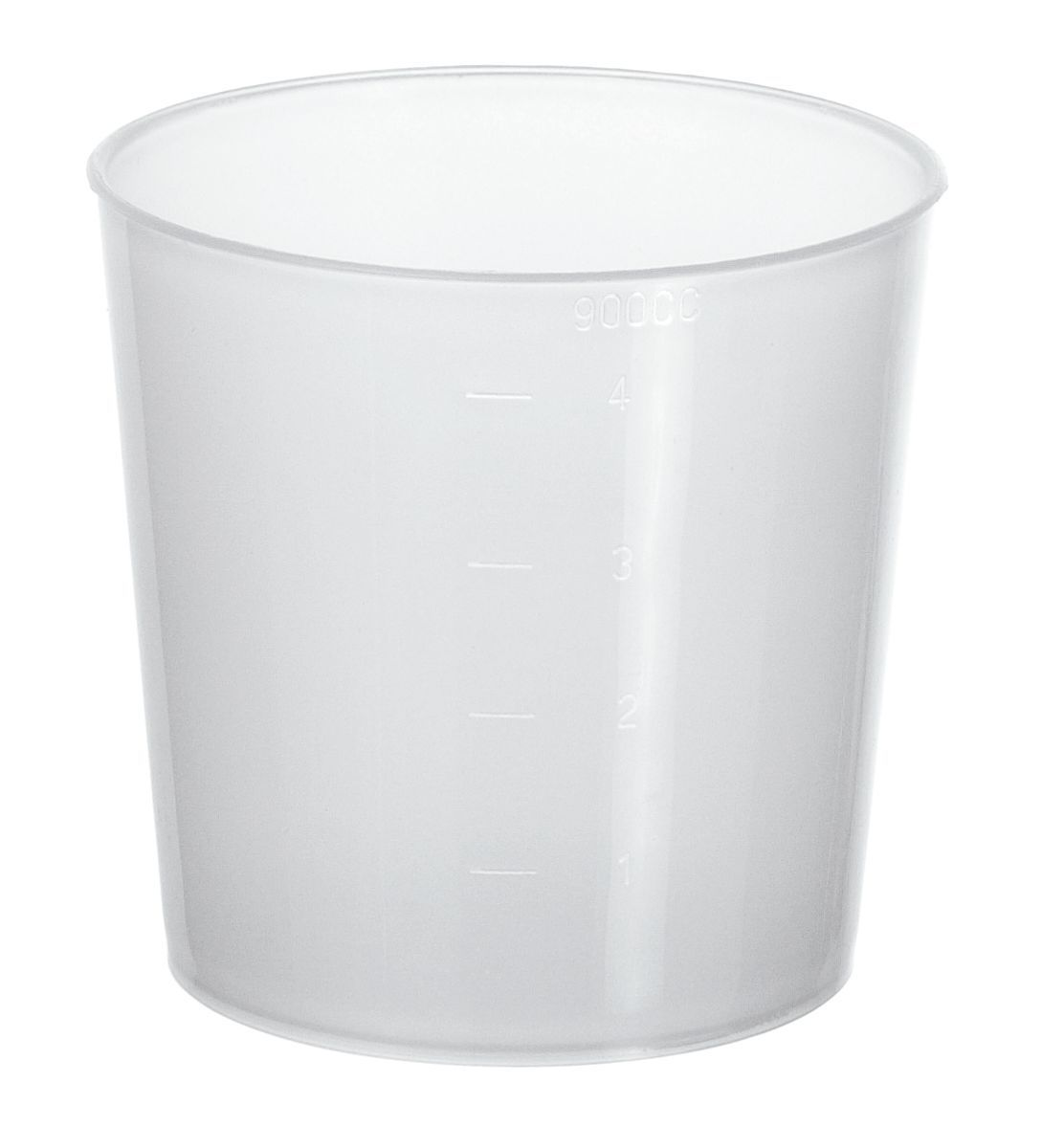 Klarer Kunststoff-Messbecher mit Markierungen. Zeigt Messungen in ccm. Der Becher ist transparent.
