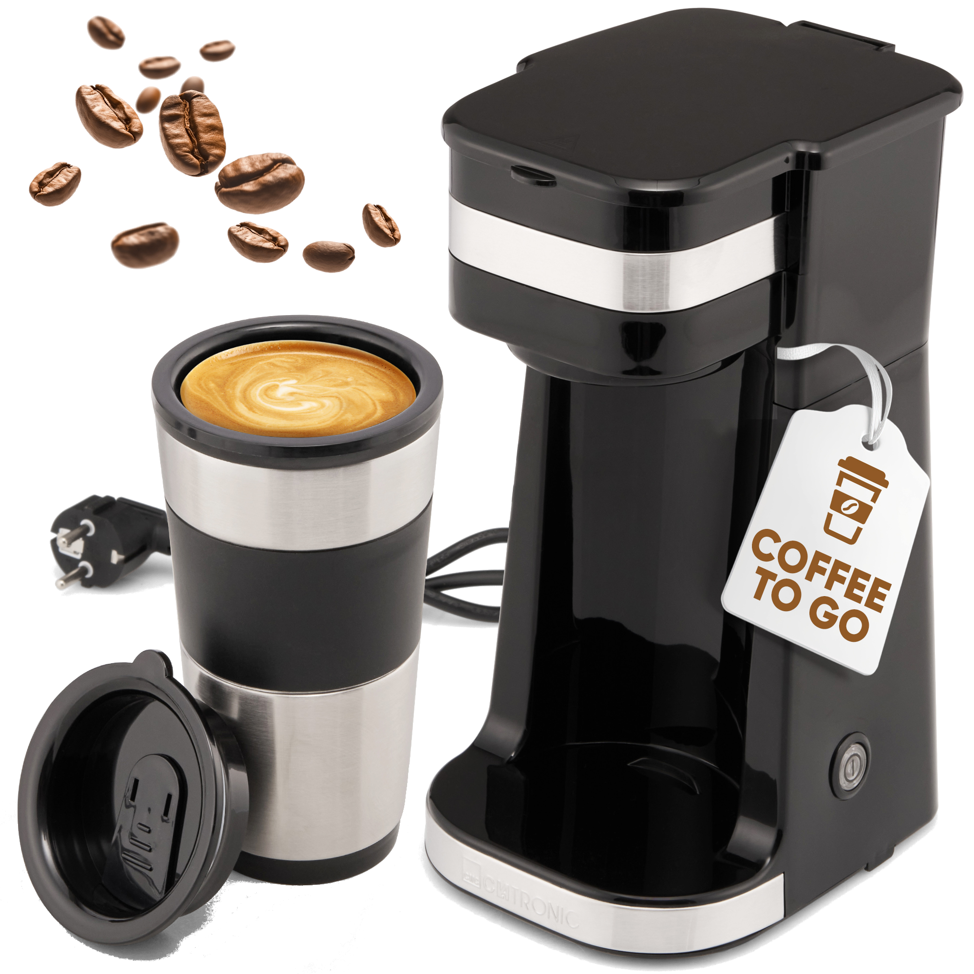 Kaffeemaschine mit Thermobecher. Kaffeebohnen, To-Go-Schild.
