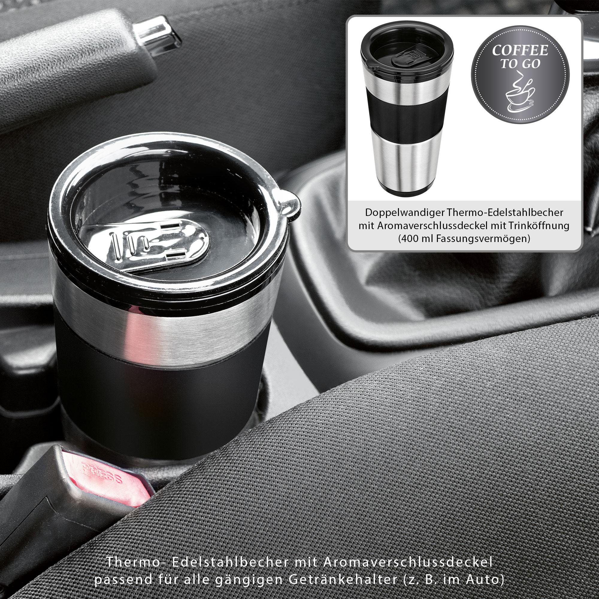 Ein Edelstahl-Thermobehälter im Getränkehalter eines Autos.