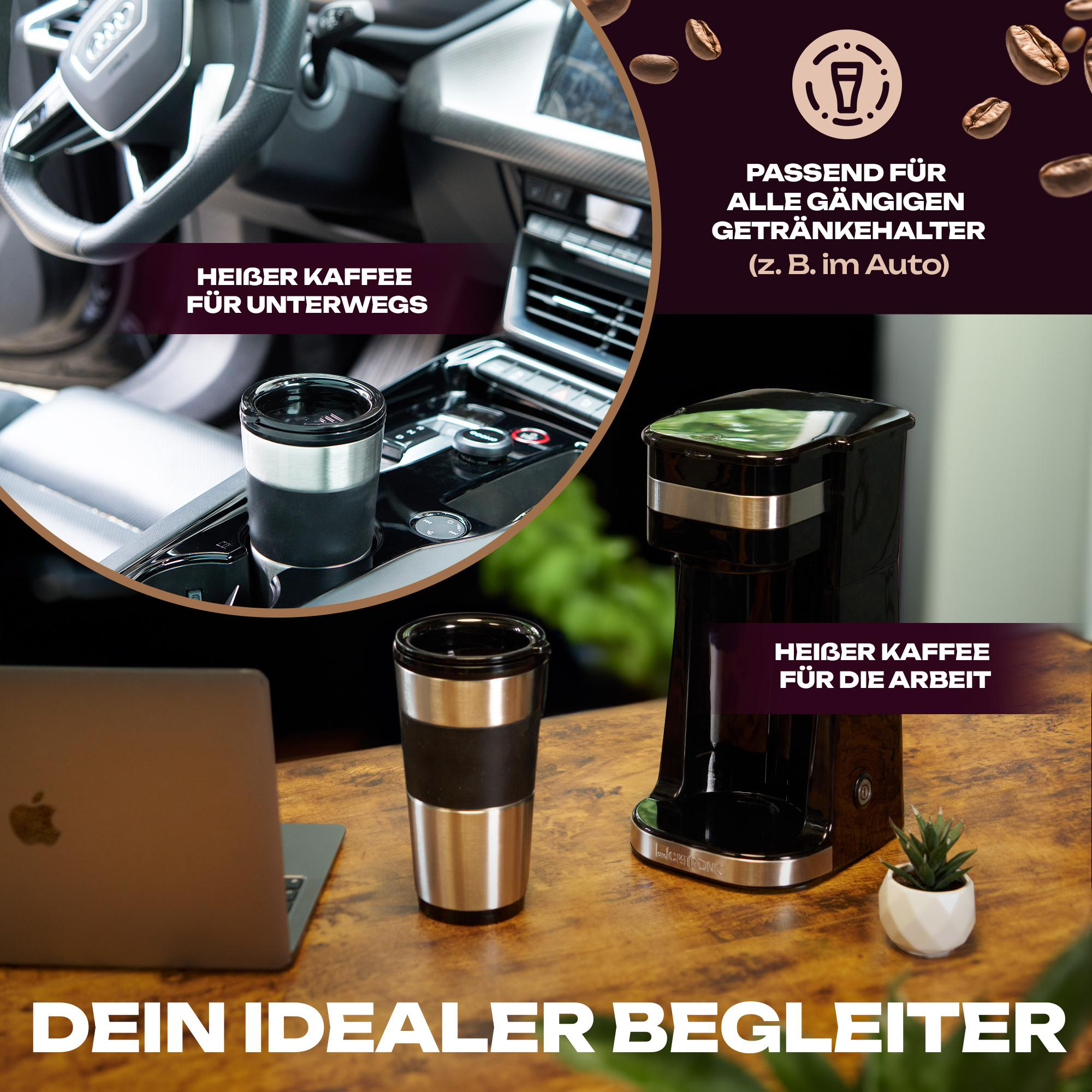 Kaffee-Setup mit Kaffeemaschine, Reisebechern und einem Laptop im Auto und auf einem Tisch.