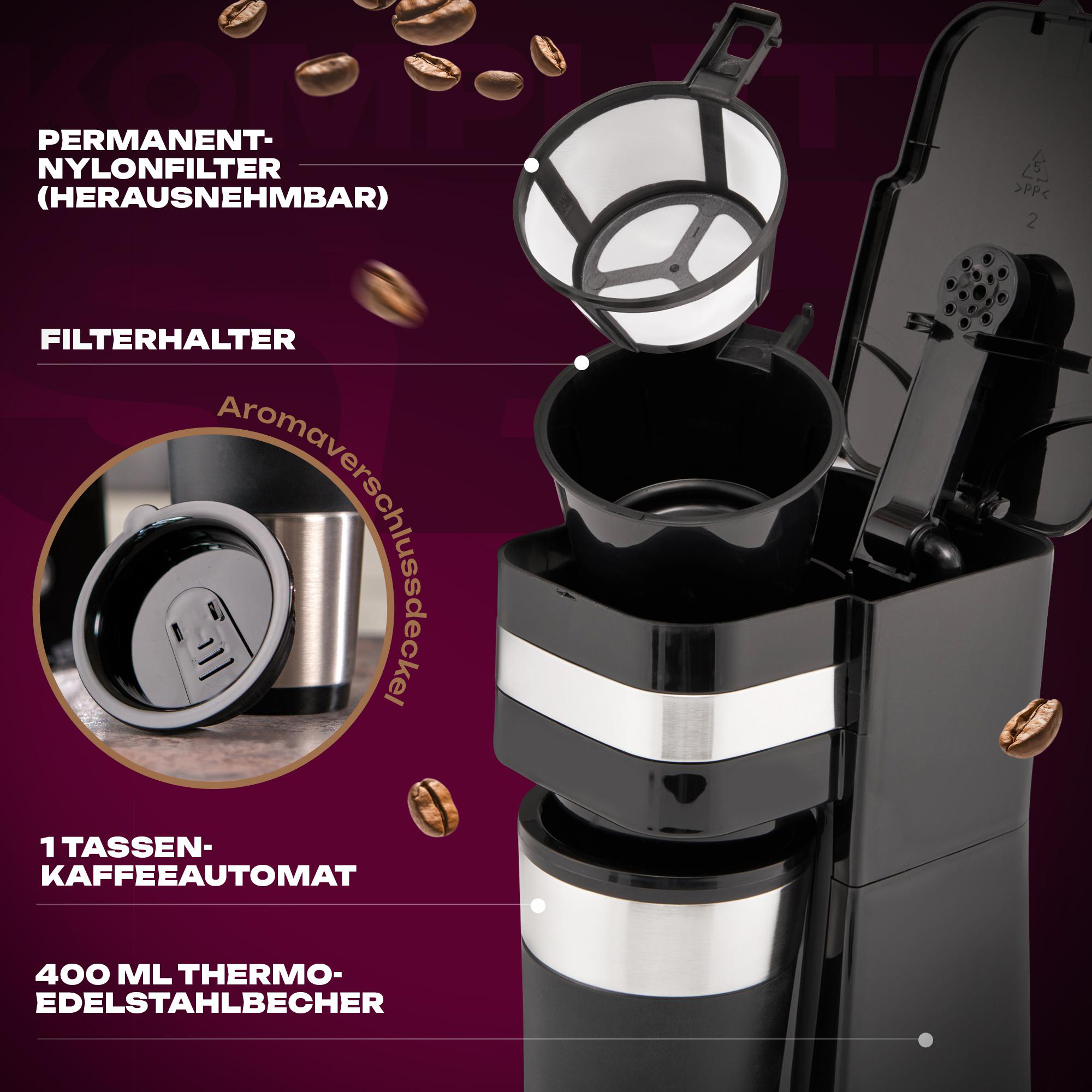 Eine Kaffeemaschine mit Thermobecher. Das Bild hebt den Filter und den Becher hervor.