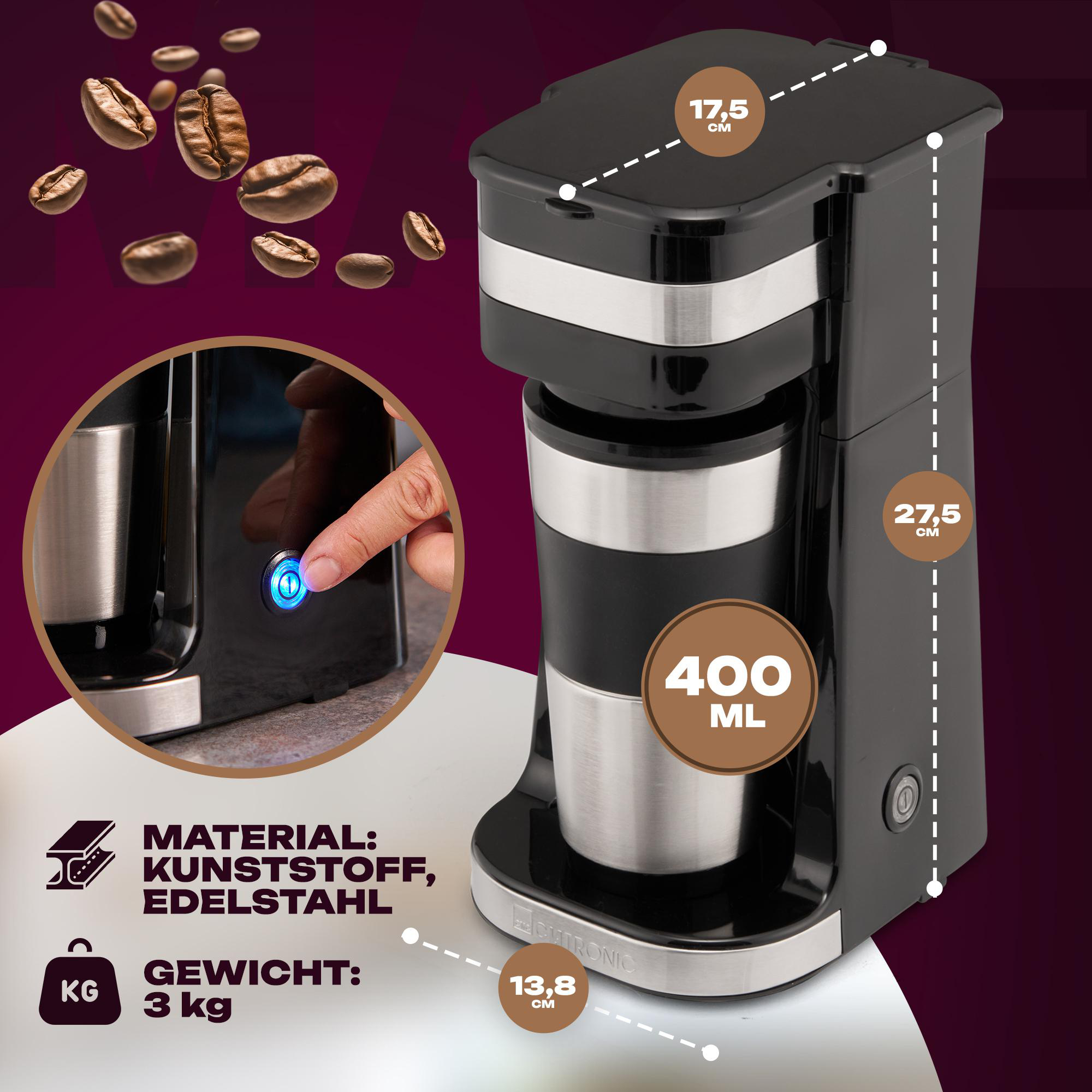 Schwarzer Kaffeezubereiter mit silberner Tasse und Person, die einen Knopf drückt.