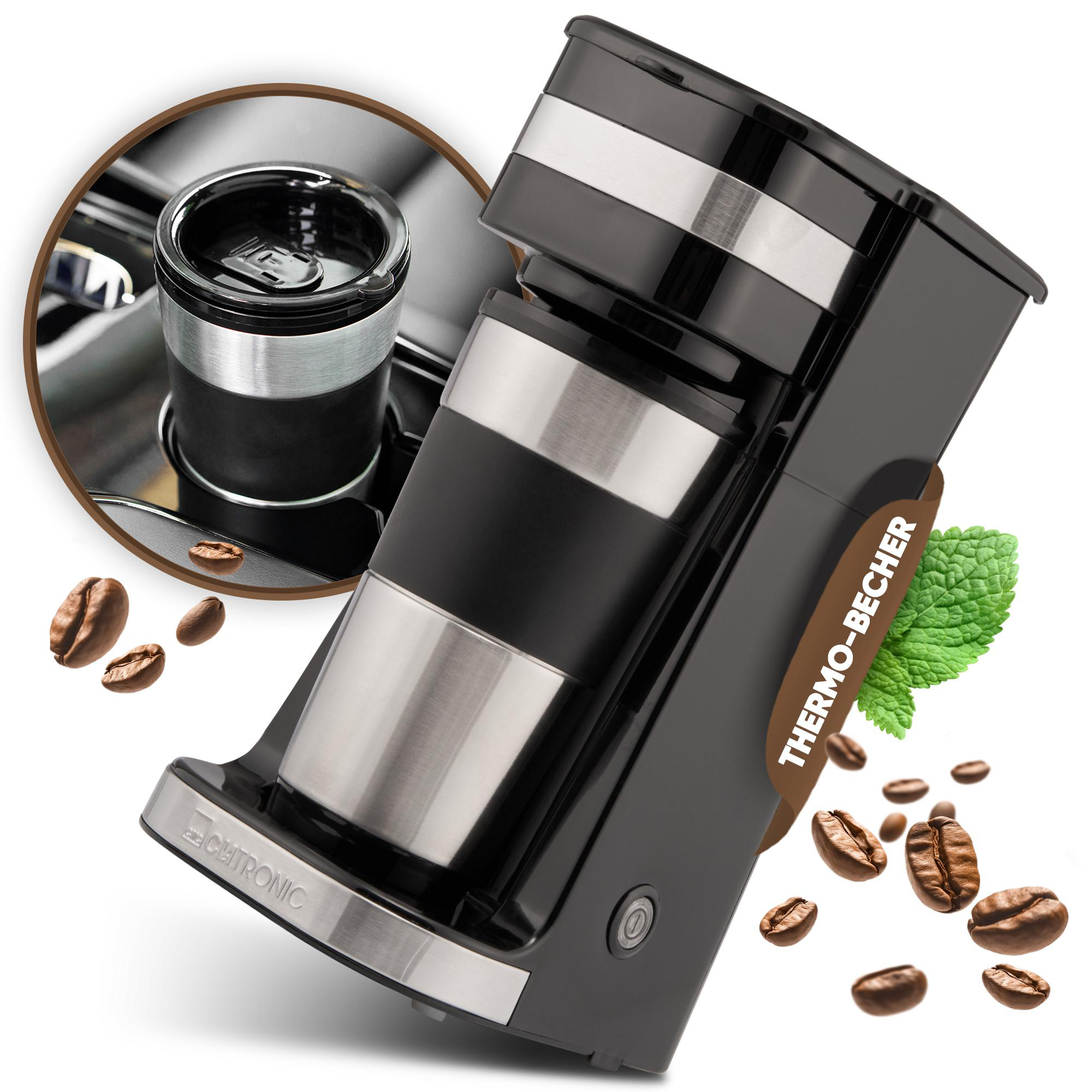 Schwarze Kaffeemaschine mit Thermobecher und Kaffeebohnen. Das Design zeigt den Markennamen.