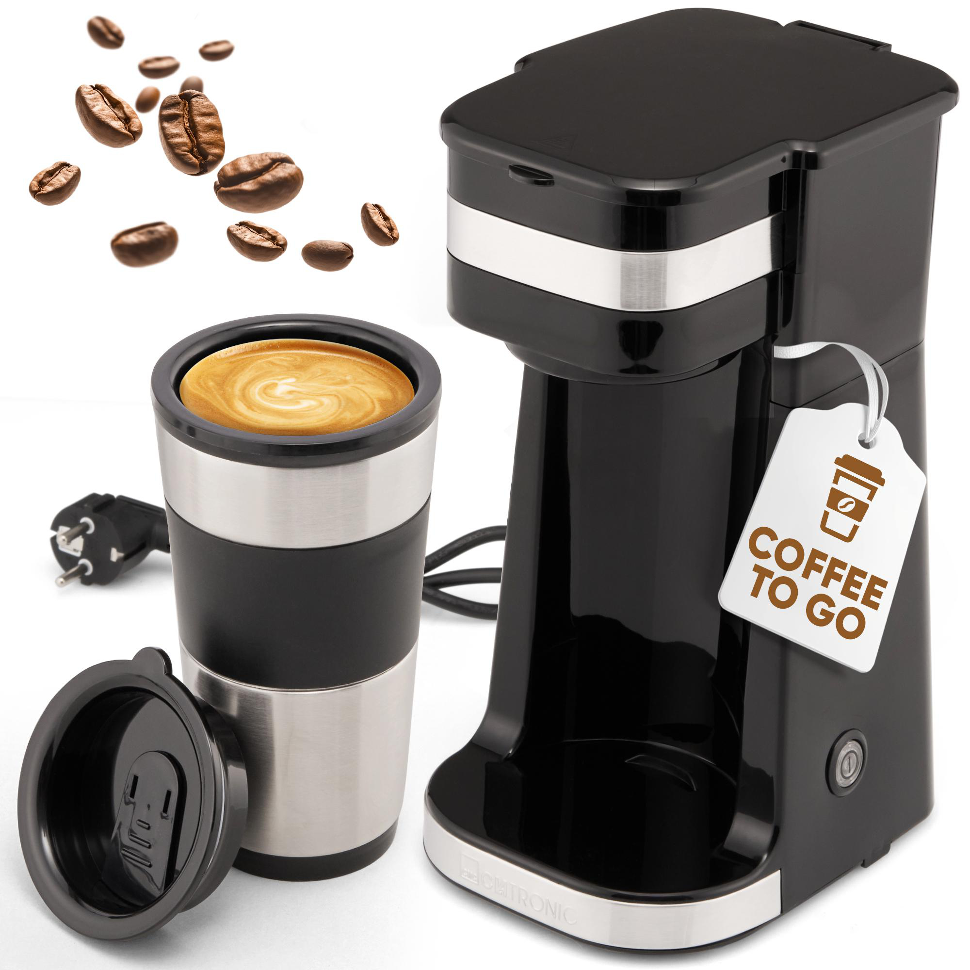 Schwarzer Kaffeeautomat und Reisebecher. Kaffeebohnen schweben.  Etikett mit 'Coffee to go'. Weißer Hintergrund.