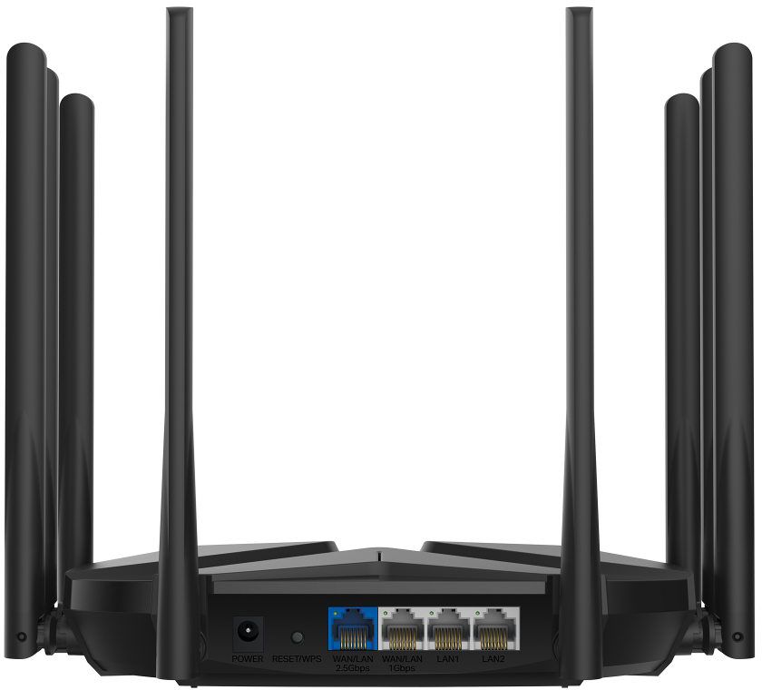 Egy fekete router hátulja, több antennával és csatlakozó porttal.