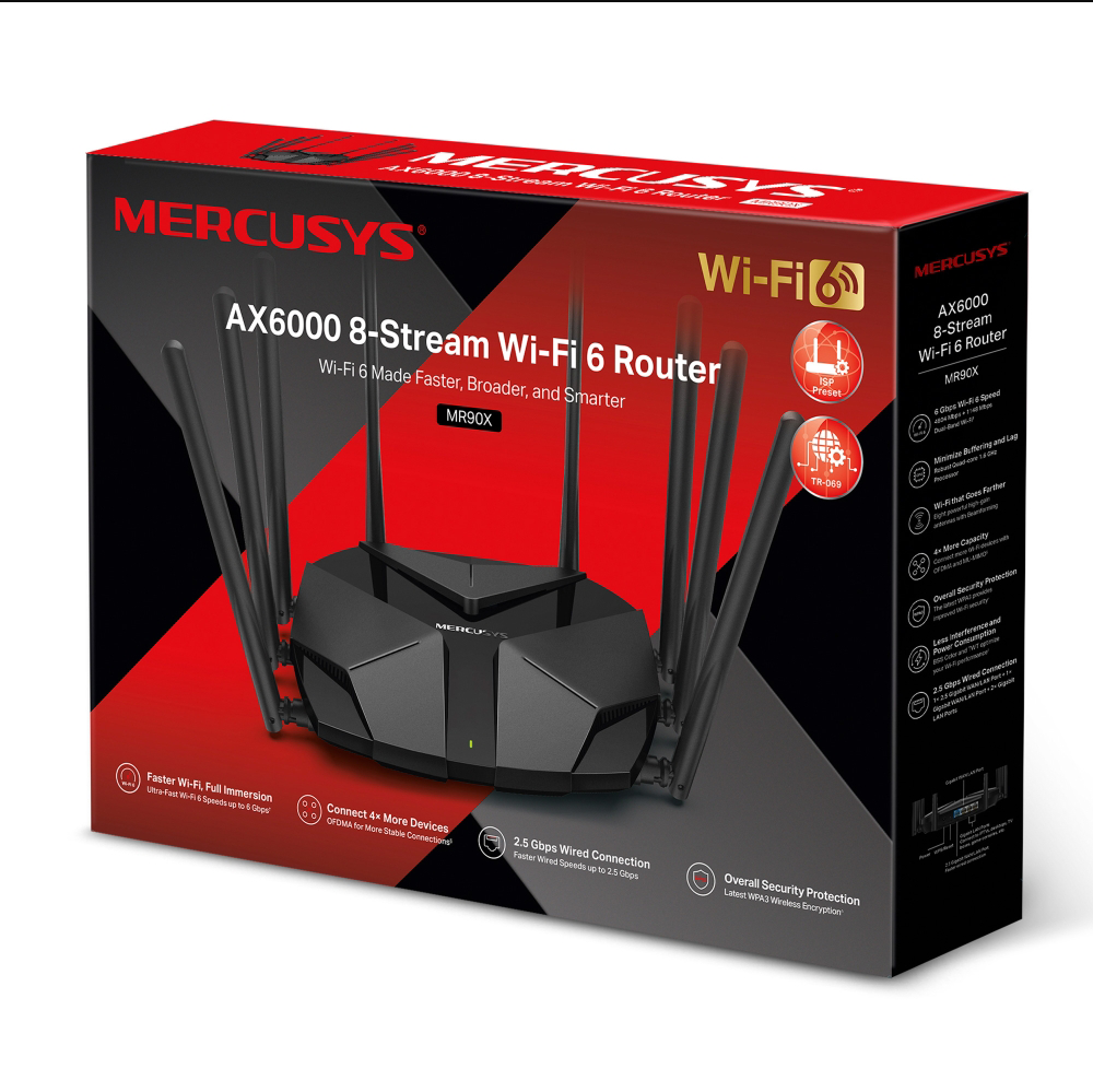 Fekete Mercusys Wi-Fi 6 router a dobozában, antennákkal és marketing szöveggel.